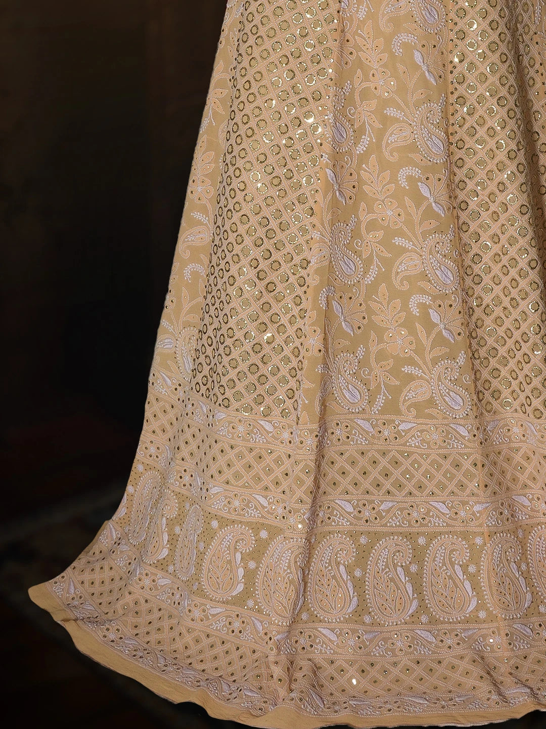 Ada Hand Embroidered Creamy Peach Pure Georgette Lucknowi Chikankari Lehenga Set With Muqaish Work 01A62785