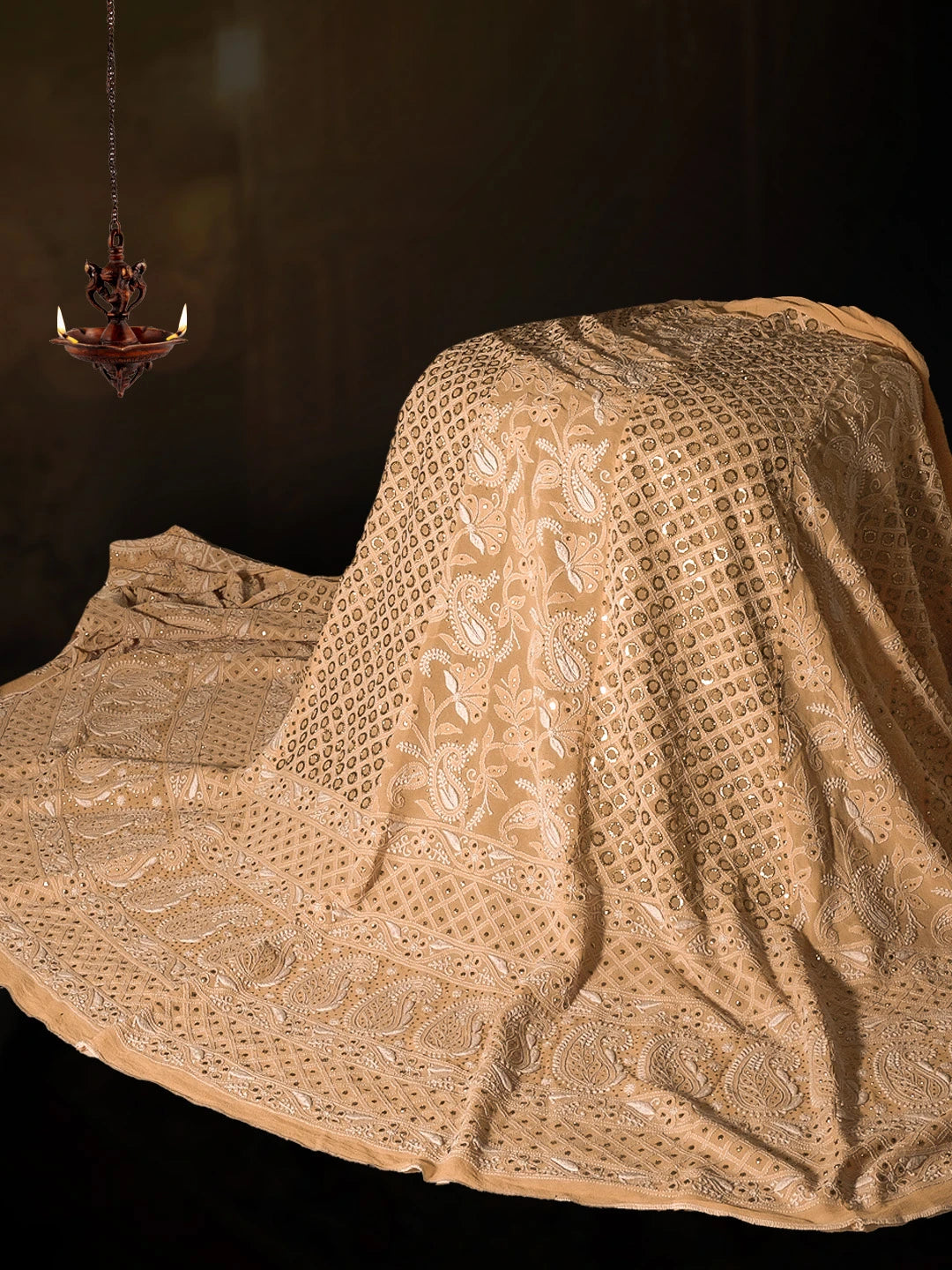 Ada Hand Embroidered Creamy Peach Pure Georgette Lucknowi Chikankari Lehenga Set With Muqaish Work 01A62785