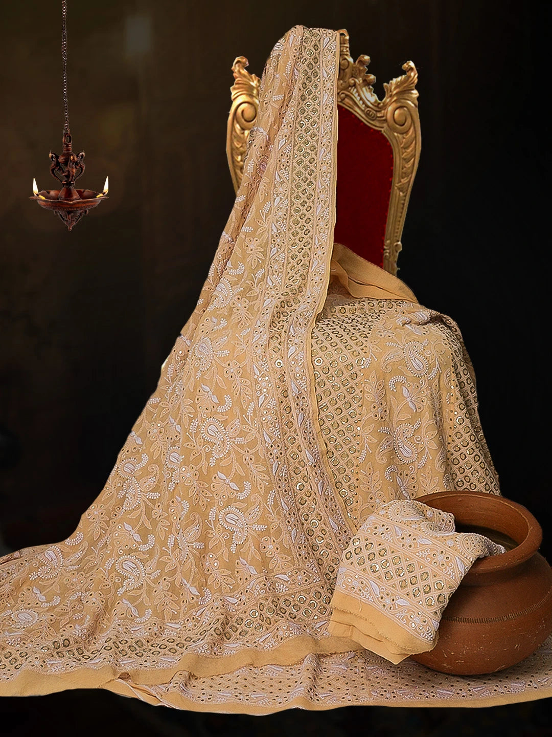 Ada Hand Embroidered Creamy Peach Pure Georgette Lucknowi Chikankari Lehenga Set With Muqaish Work 01A62785