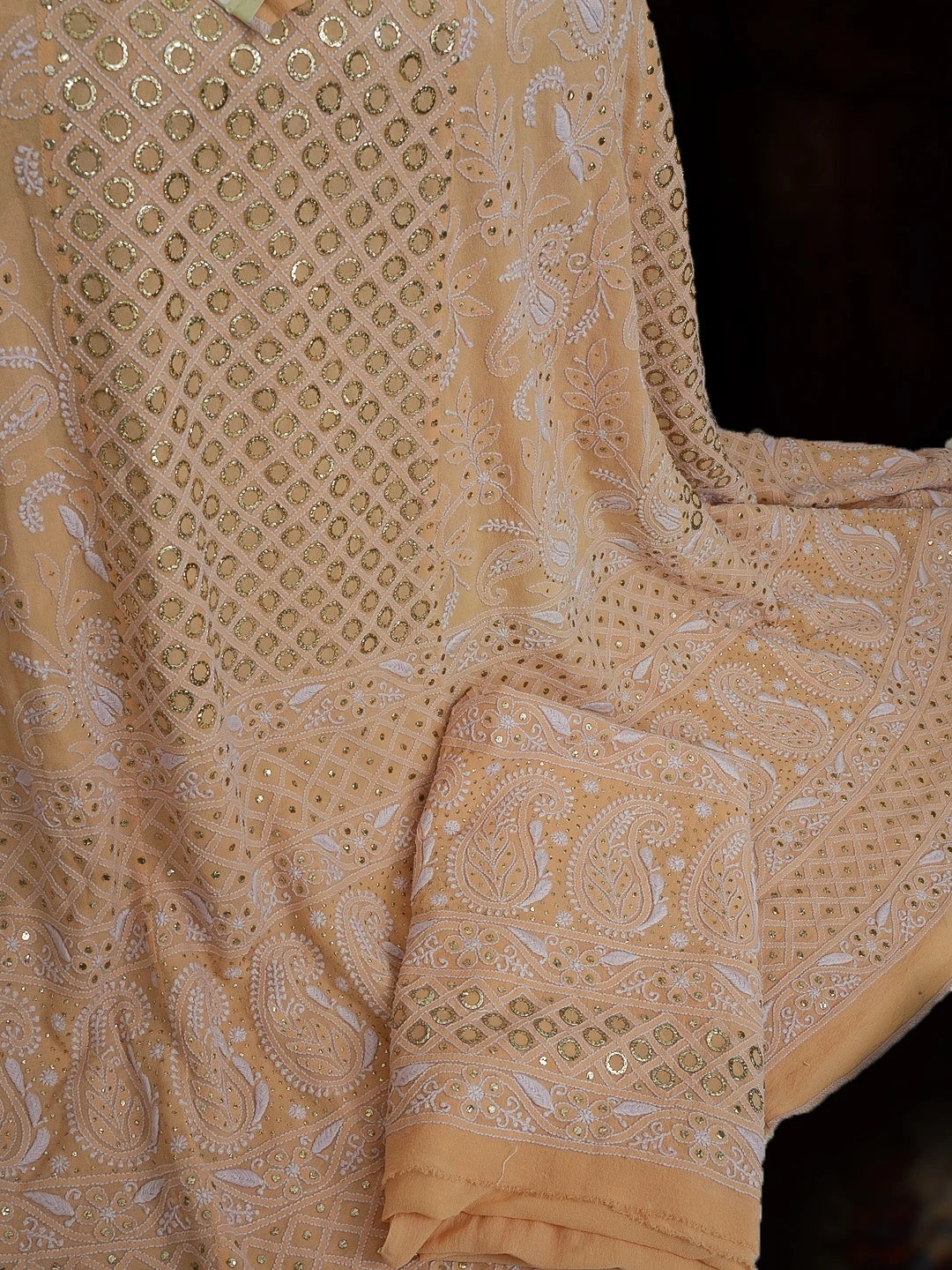 Ada Hand Embroidered Creamy Peach Pure Georgette Lucknowi Chikankari Lehenga Set With Muqaish Work 01A62785