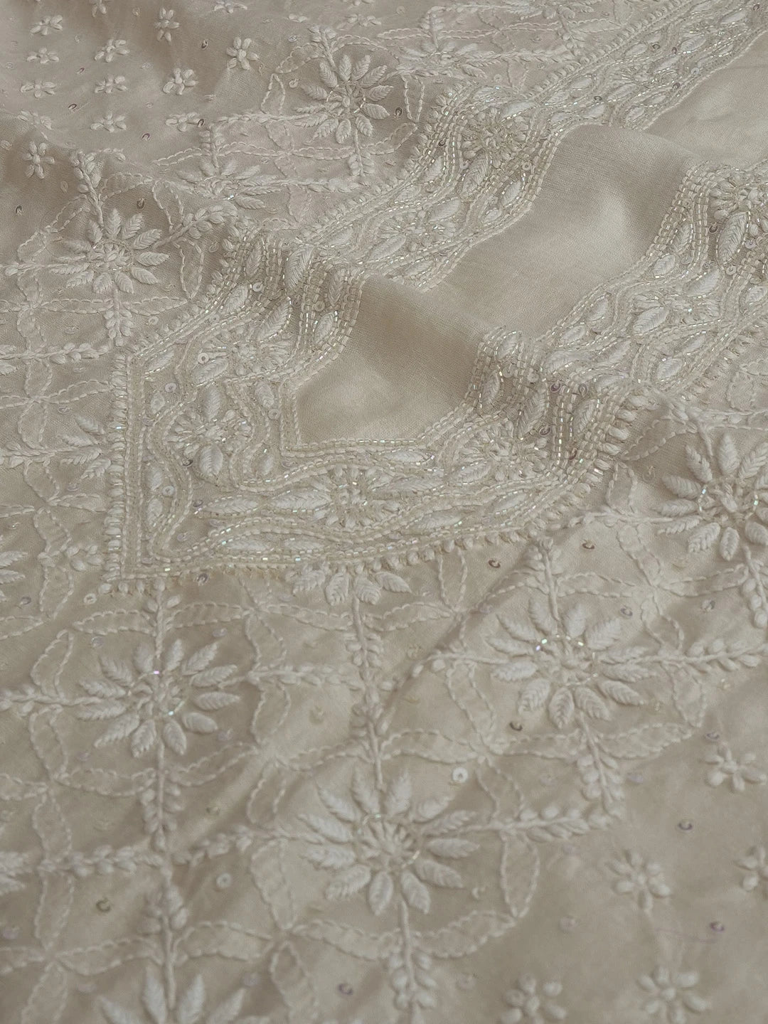 Ada Hand Embroidered Fawn Chanderi Lucknowi Chikankari Unstitched Men's Kurta Piece With Cutdana Work01A576408