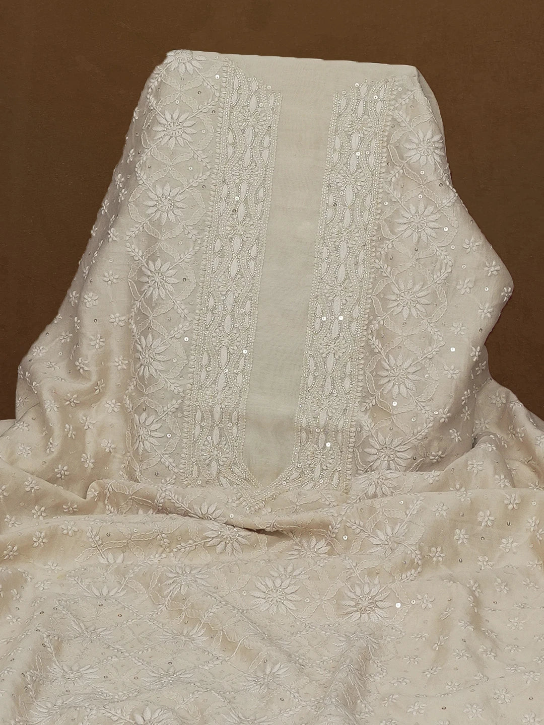 Ada Hand Embroidered Fawn Chanderi Lucknowi Chikankari Unstitched Men's Kurta Piece With Cutdana Work01A576408