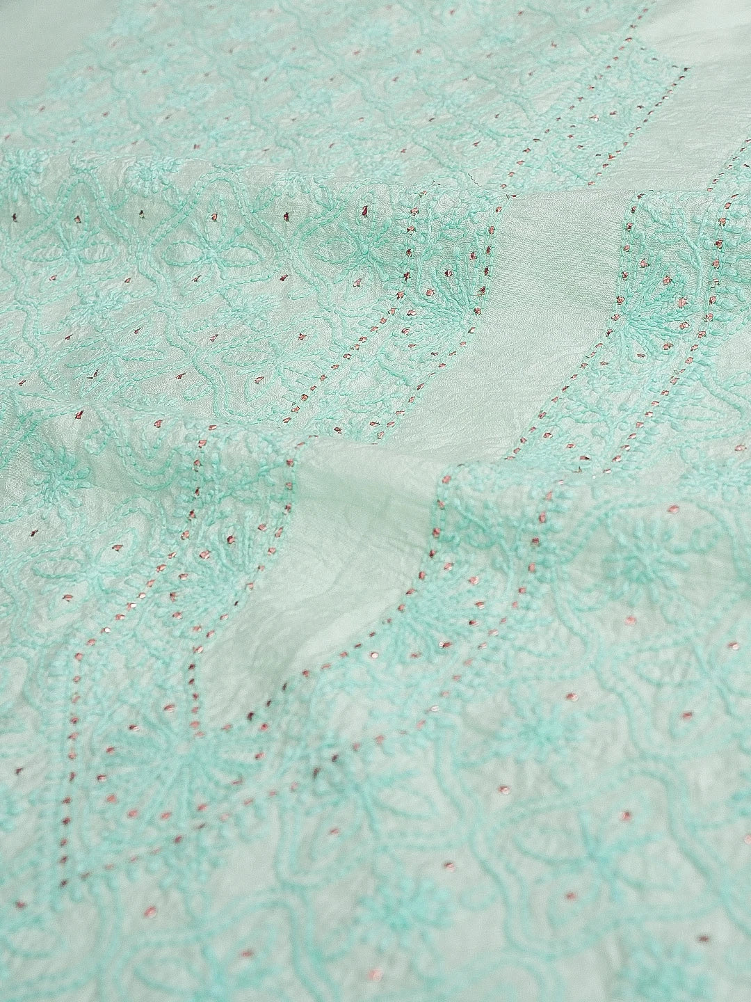 Ada Hand Embroidered Tiffany Blue Turquoise  Chanderi Lucknowi Chikankari Unstitched Men's Kurta Piece With  Muqaish Work 01A516812
