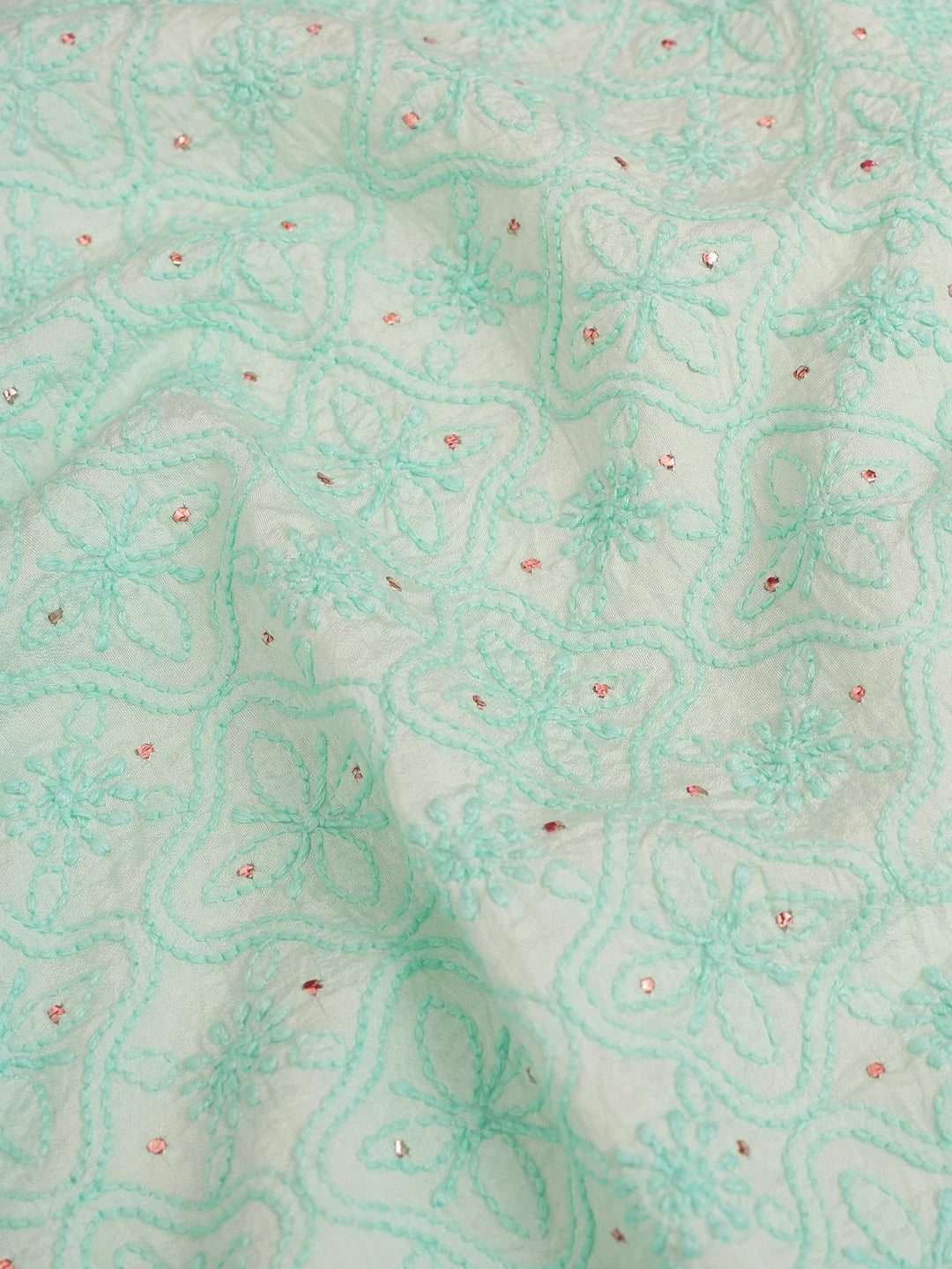 Ada Hand Embroidered Tiffany Blue Turquoise  Chanderi Lucknowi Chikankari Unstitched Men's Kurta Piece With  Muqaish Work 01A516812