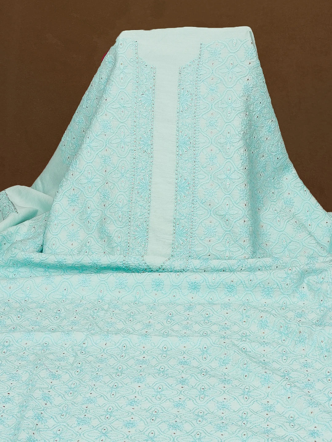 Ada Hand Embroidered Tiffany Blue Turquoise  Chanderi Lucknowi Chikankari Unstitched Men's Kurta Piece With  Muqaish Work 01A516812