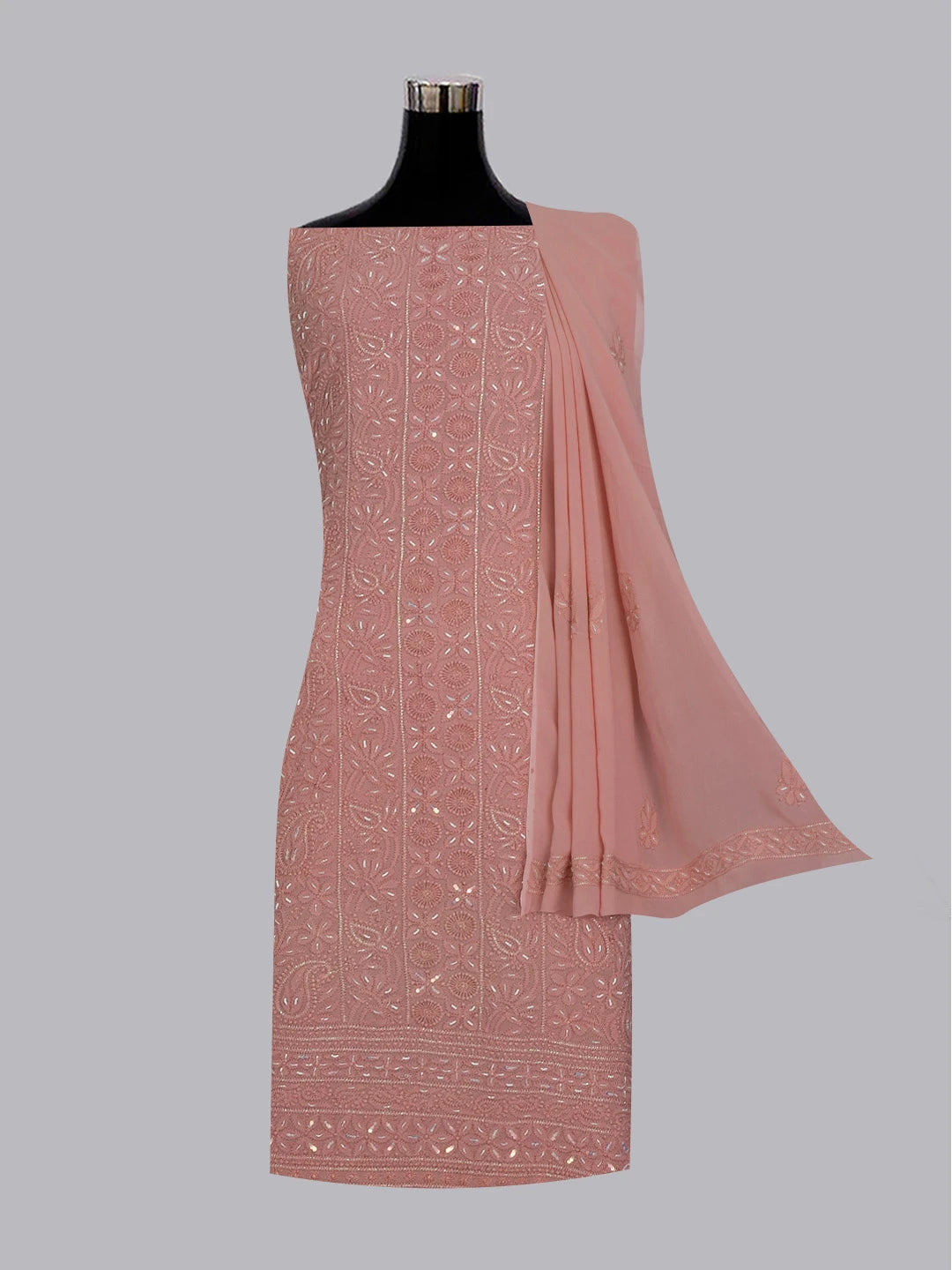 Ada Hand Embroidered Onion Pink Viscose Georgette Lucknowi Chikankari Unstitched Kurta Dupatta Set With Pearl Work 01A578866