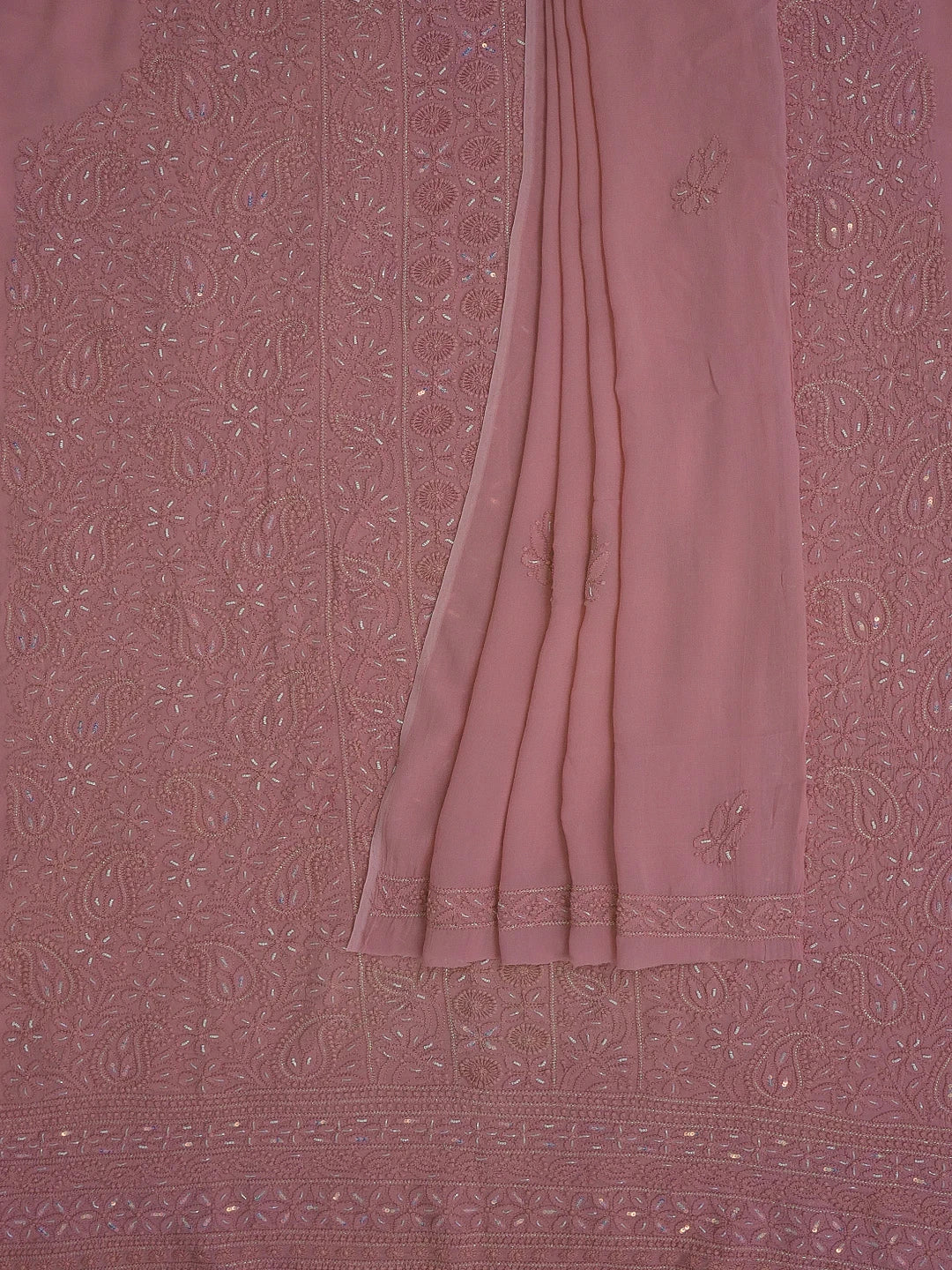 Ada Hand Embroidered Onion Pink Viscose Georgette Lucknowi Chikankari Unstitched Kurta Dupatta Set With Pearl Work 01A578866