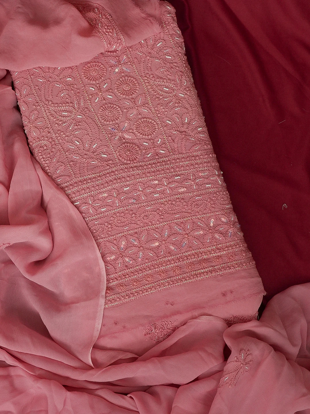 Ada Hand Embroidered Onion Pink Viscose Georgette Lucknowi Chikankari Unstitched Kurta Dupatta Set With Pearl Work 01A578866
