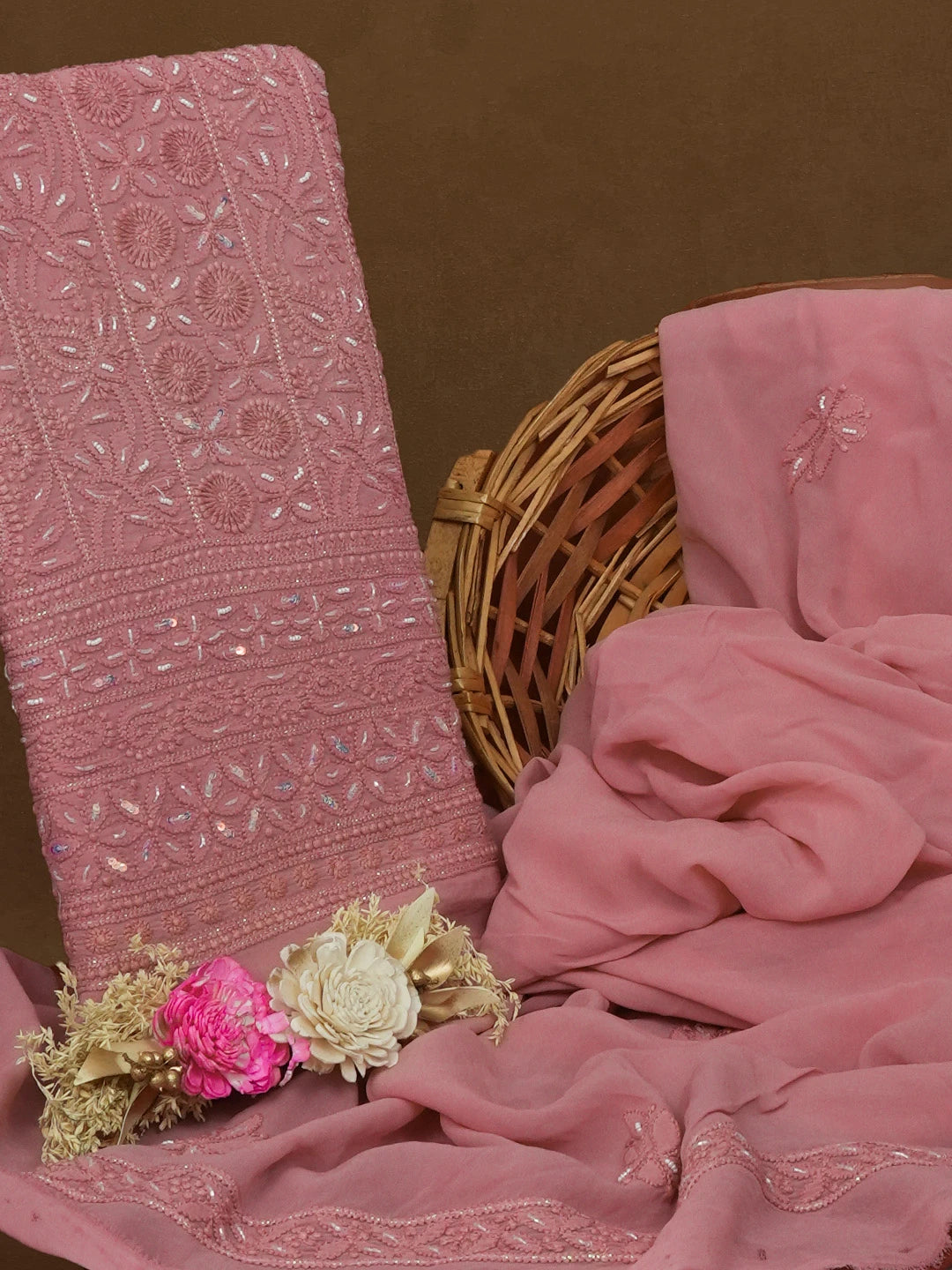 Ada Hand Embroidered Onion Pink Viscose Georgette Lucknowi Chikankari Unstitched Kurta Dupatta Set With Pearl Work 01A578866