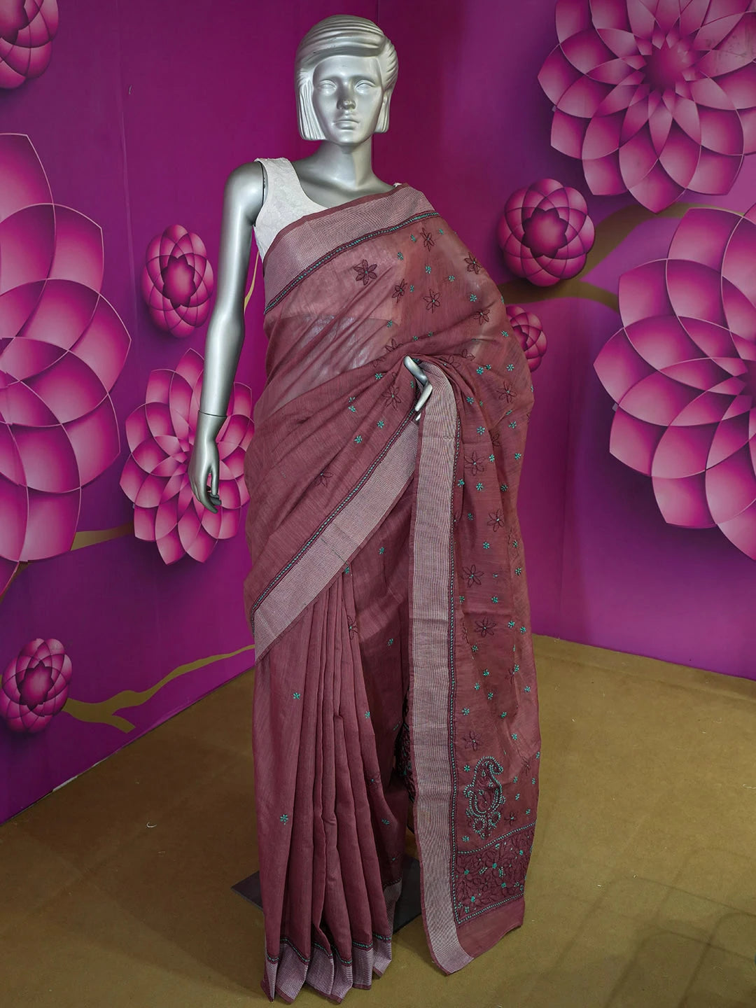 Ada Hand Embroidered Maroon Chanderi Lucknowi Chikankari Saree With Blouse 01A593956