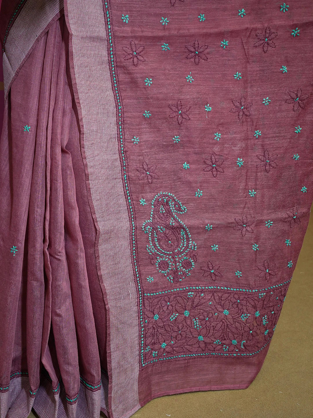Ada Hand Embroidered Maroon Chanderi Lucknowi Chikankari Saree With Blouse 01A593956