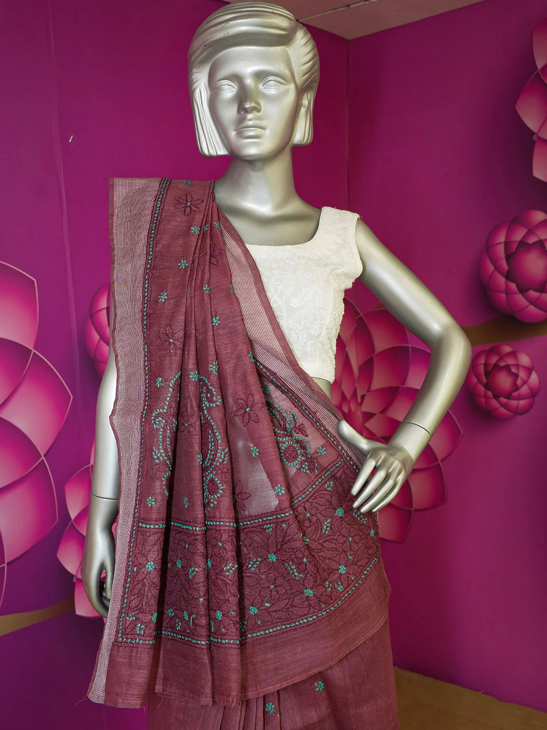 Ada Hand Embroidered Maroon Chanderi Lucknowi Chikankari Saree With Blouse 01A593956