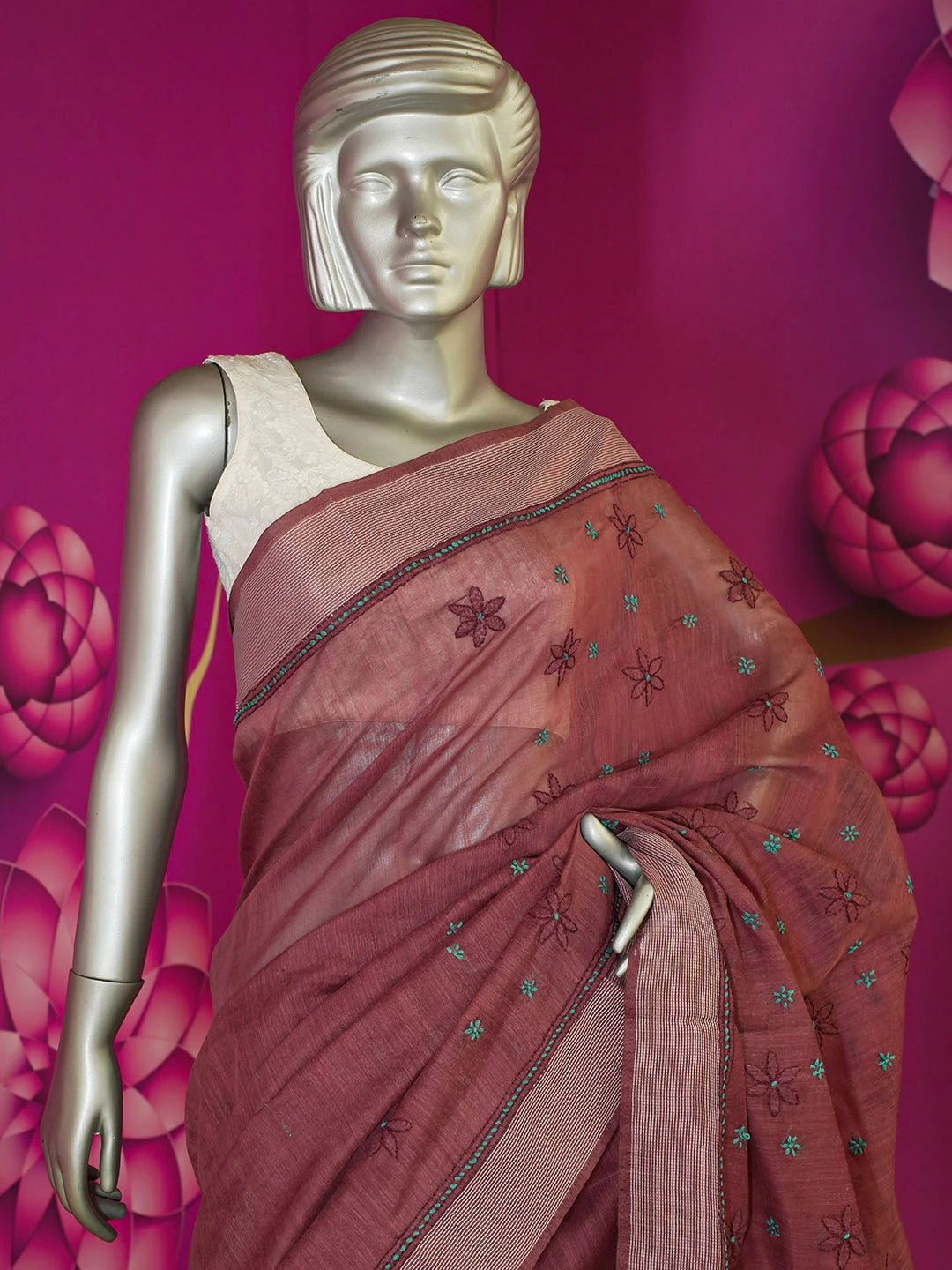 Ada Hand Embroidered Maroon Chanderi Lucknowi Chikankari Saree With Blouse 01A593956