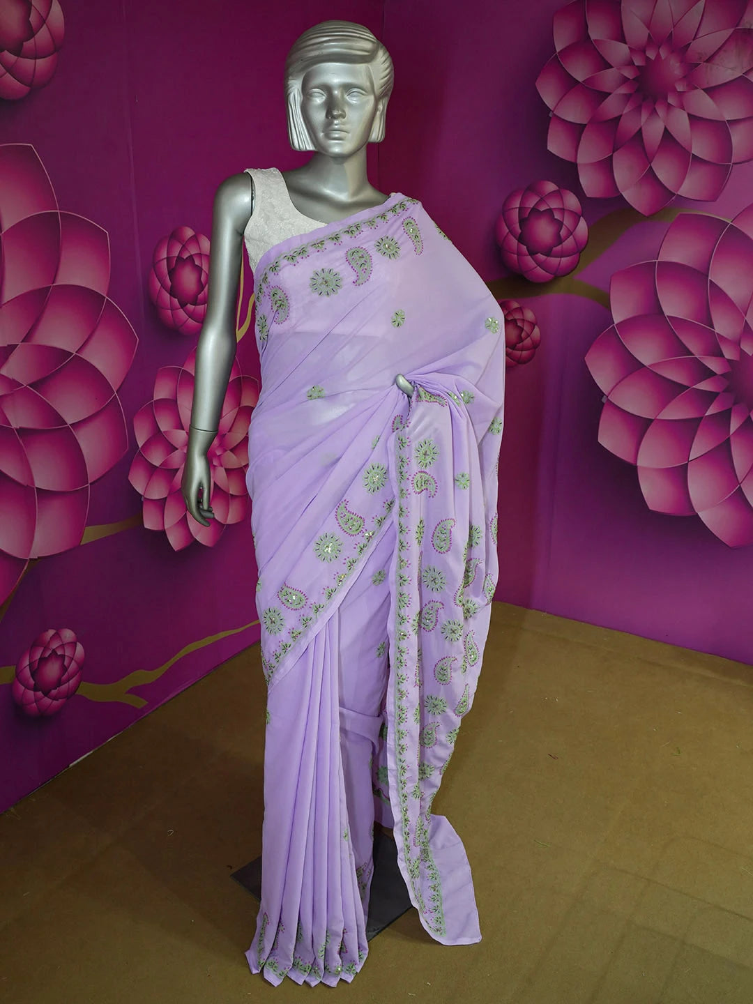 Ada Hand Embroidered Mauve Faux Georgette Lucknowi Chikankari Saree With Blouse With Cutdana Work 01A152176