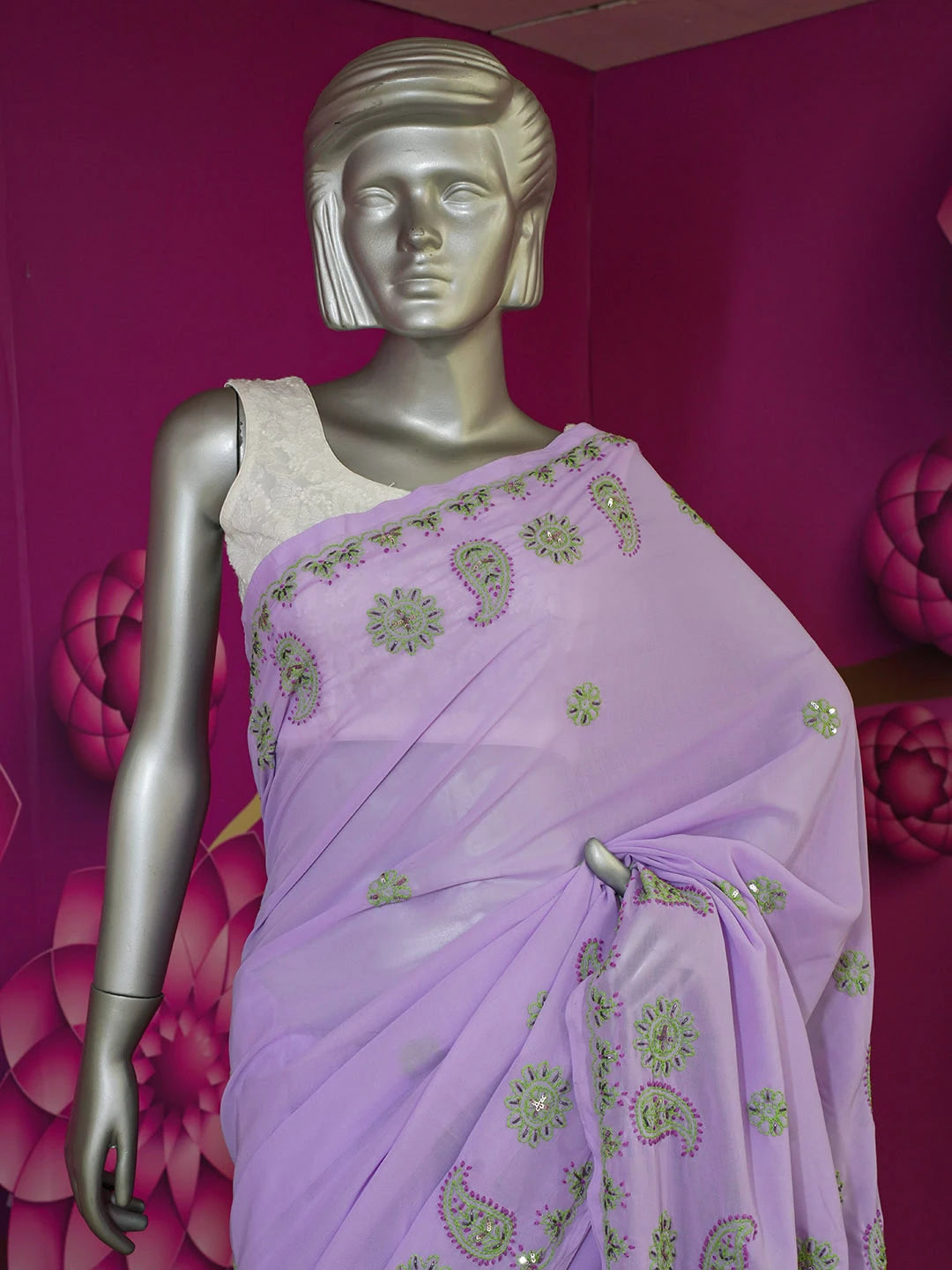 Ada Hand Embroidered Mauve Faux Georgette Lucknowi Chikankari Saree With Blouse With Cutdana Work 01A152176