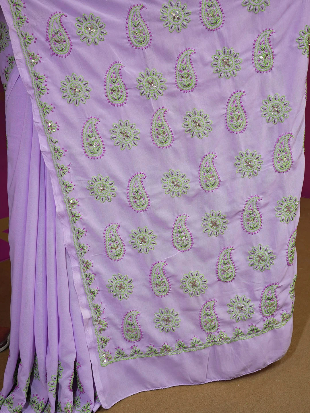 Ada Hand Embroidered Mauve Faux Georgette Lucknowi Chikankari Saree With Blouse With Cutdana Work 01A152176