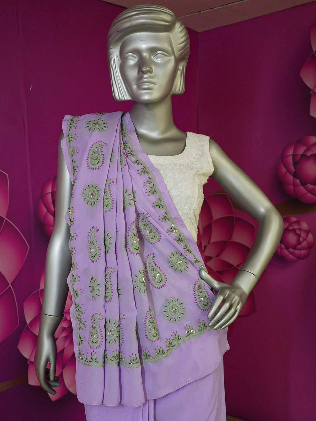 Ada Hand Embroidered Mauve Faux Georgette Lucknowi Chikankari Saree With Blouse With Cutdana Work 01A152176
