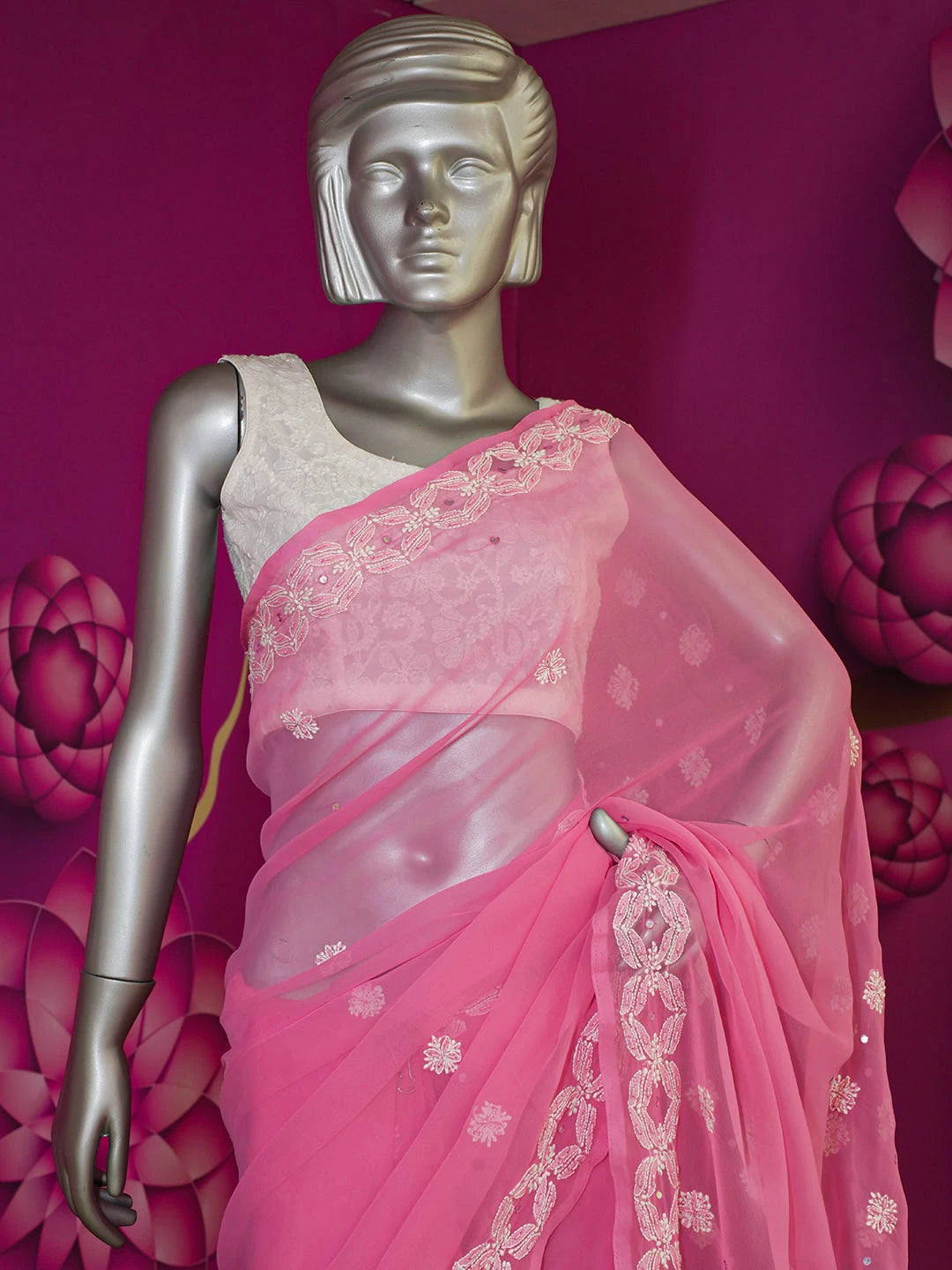 Ada Hand Embroidered Pink Faux Georgette Lucknowi Chikankari Saree With Blouse With Pearl Work 01A452765