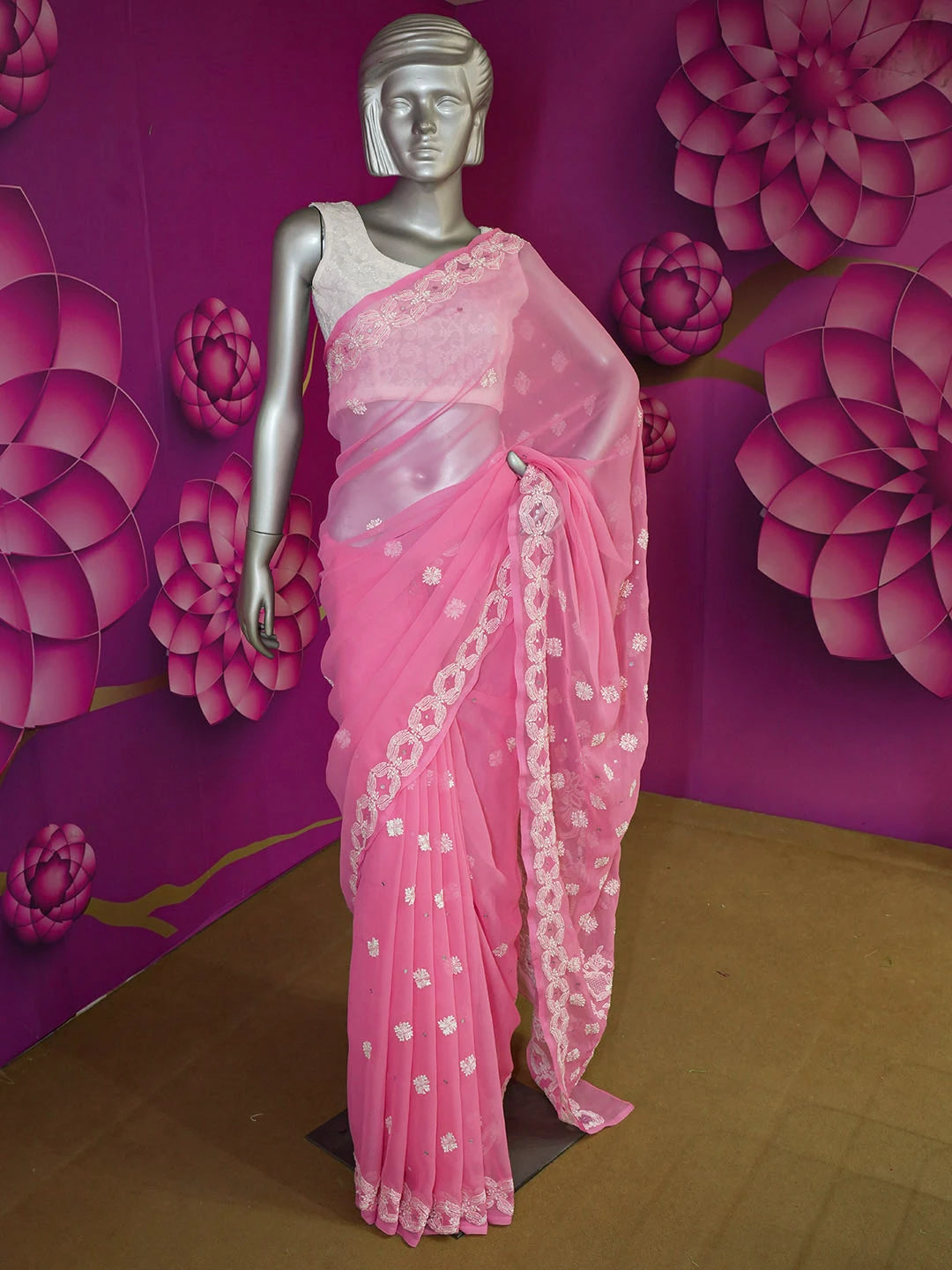 Ada Hand Embroidered Pink Faux Georgette Lucknowi Chikankari Saree With Blouse With Pearl Work 01A452765
