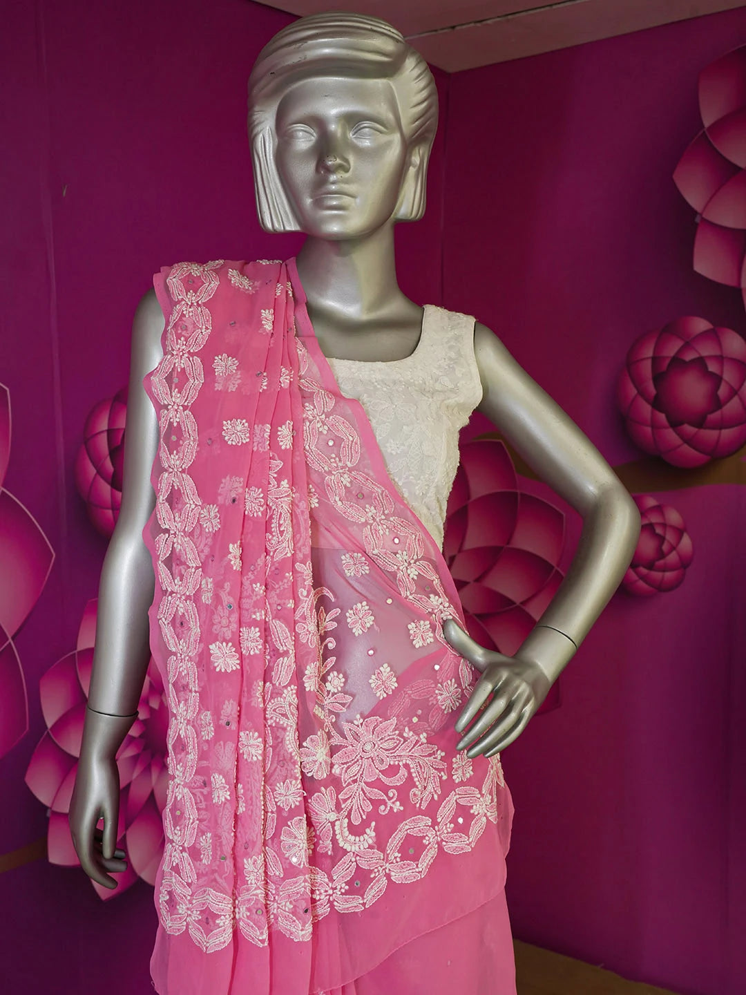 Ada Hand Embroidered Pink Faux Georgette Lucknowi Chikankari Saree With Blouse With Pearl Work 01A452765
