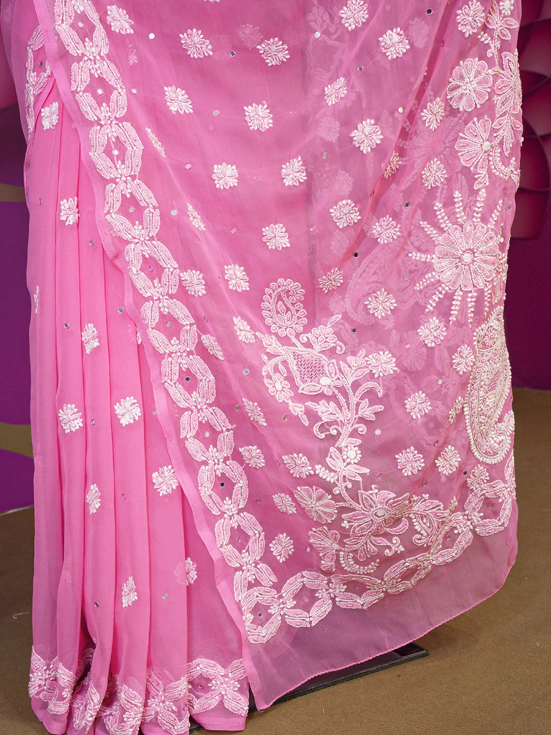 Ada Hand Embroidered Pink Faux Georgette Lucknowi Chikankari Saree With Blouse With Pearl Work 01A452765