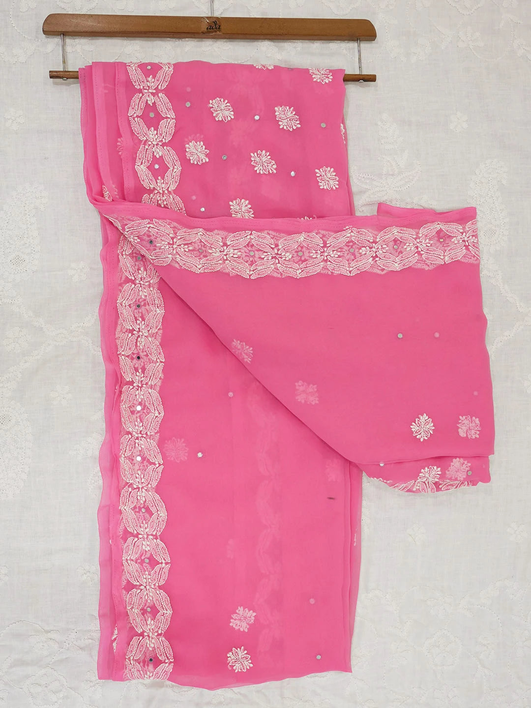 Ada Hand Embroidered Pink Faux Georgette Lucknowi Chikankari Saree With Blouse With Pearl Work 01A452765