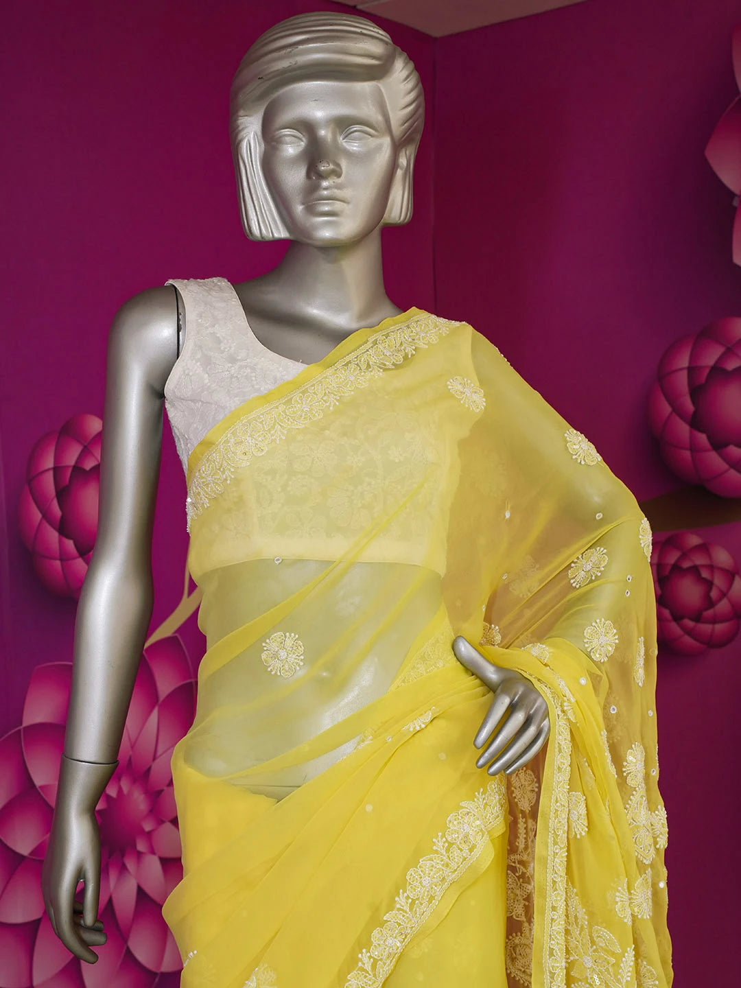 Ada Hand Embroidered Yellow Faux Georgette Lucknowi Chikankari Saree With Blouse With Pearl Work 01A528223