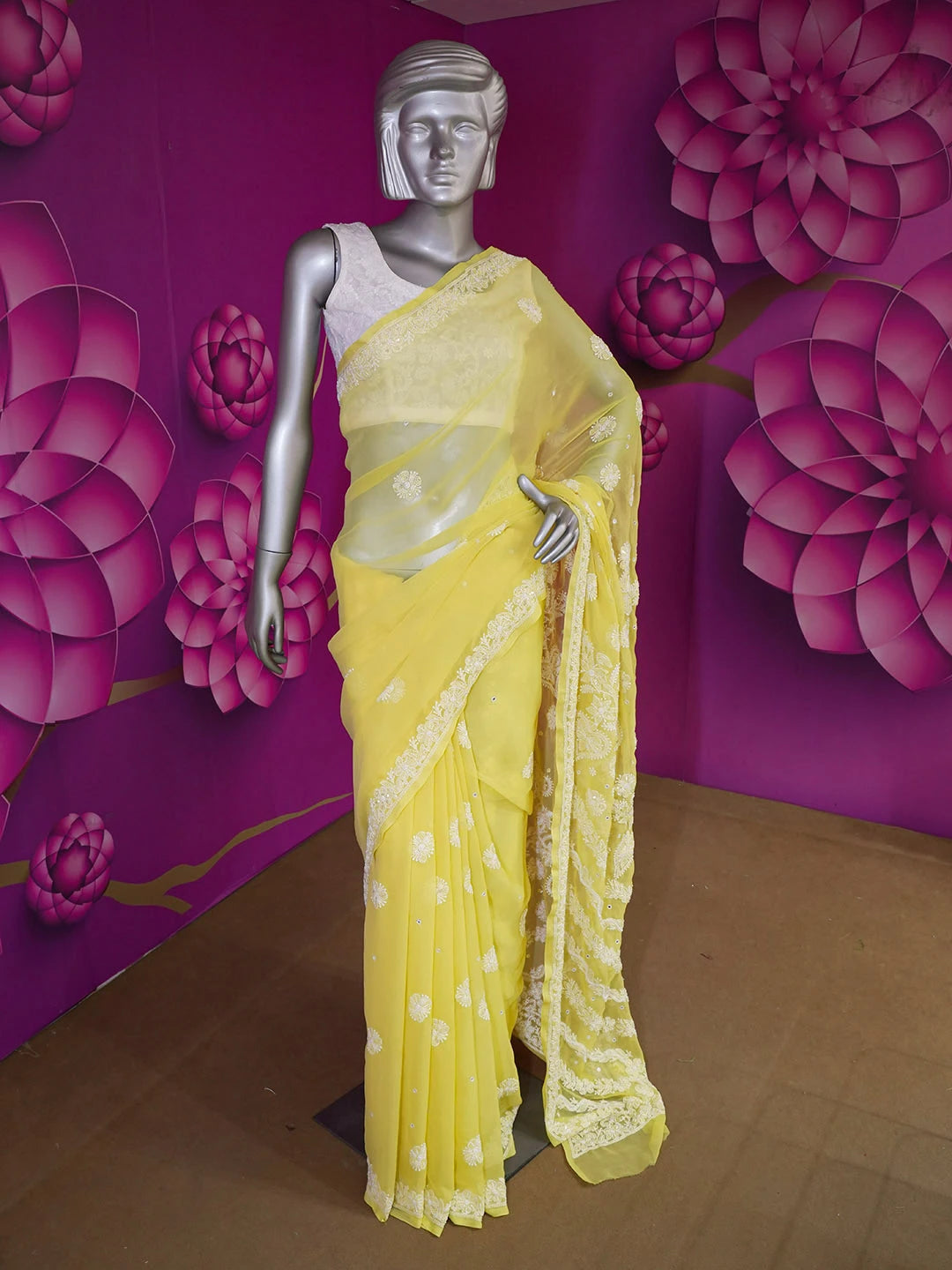 Ada Hand Embroidered Yellow Faux Georgette Lucknowi Chikankari Saree With Blouse With Pearl Work 01A528223