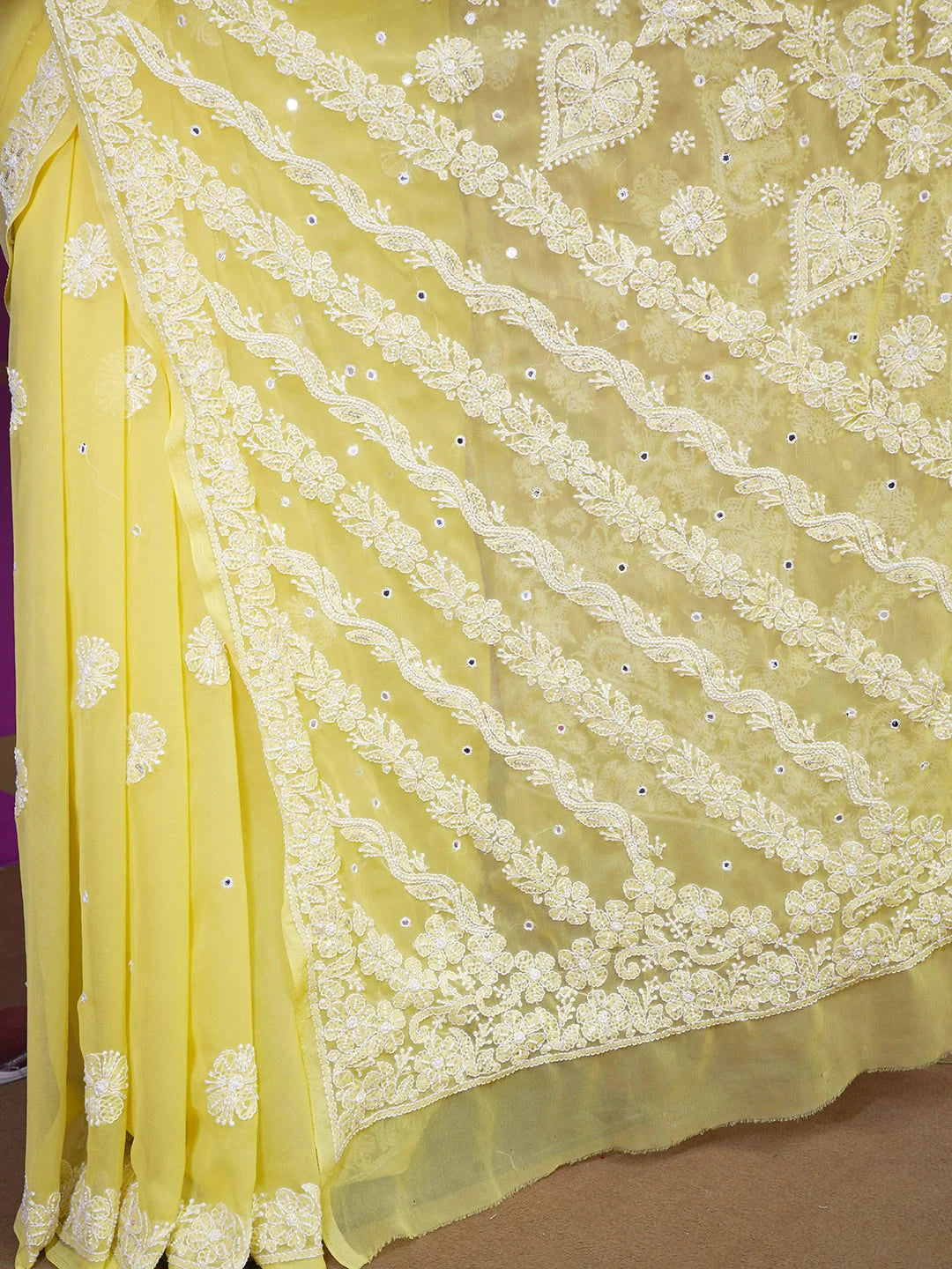 Ada Hand Embroidered Yellow Faux Georgette Lucknowi Chikankari Saree With Blouse With Pearl Work 01A528223