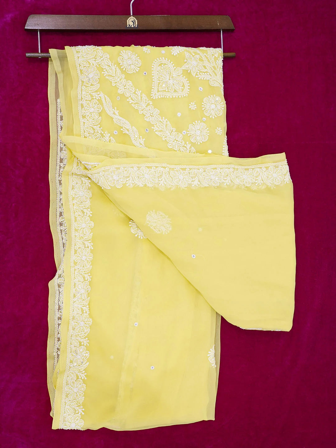 Ada Hand Embroidered Yellow Faux Georgette Lucknowi Chikankari Saree With Blouse With Pearl Work 01A528223