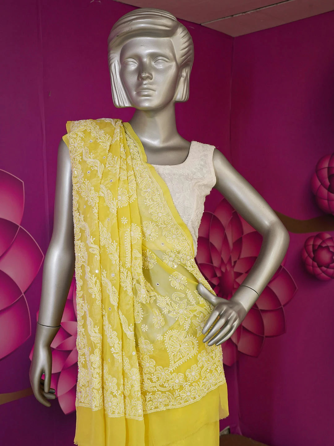 Ada Hand Embroidered Yellow Faux Georgette Lucknowi Chikankari Saree With Blouse With Pearl Work 01A528223
