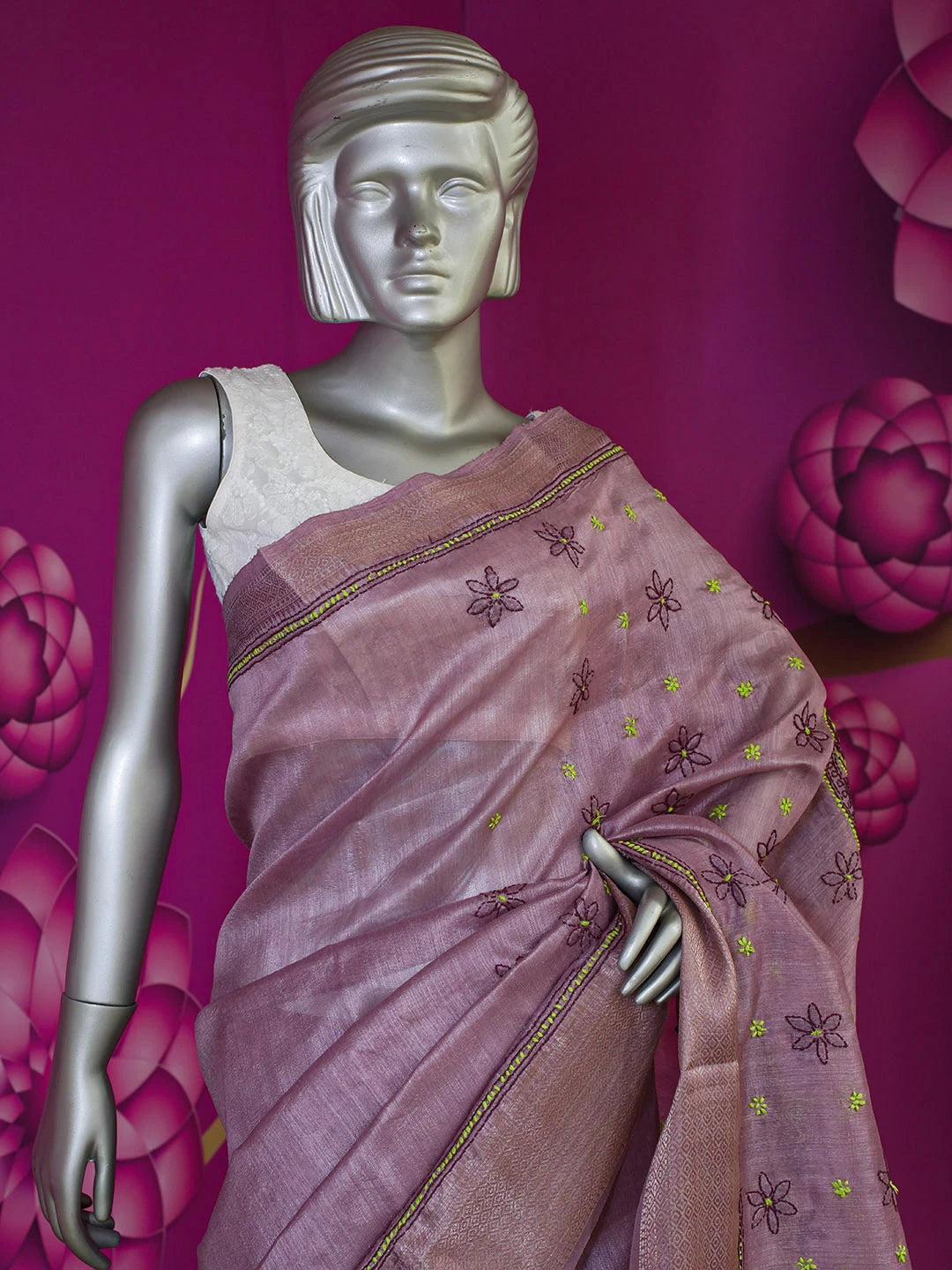 Ada Hand Embroidered Dark Mauve Chanderi Lucknowi Chikankari Saree With Blouse 01A593952