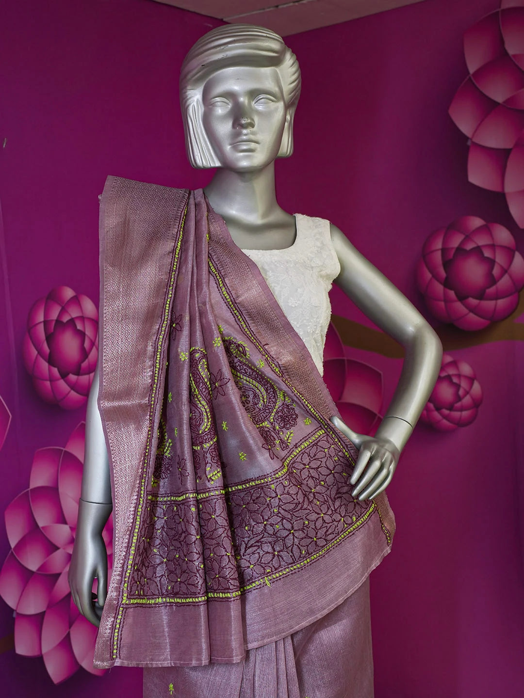 Ada Hand Embroidered Dark Mauve Chanderi Lucknowi Chikankari Saree With Blouse 01A593952