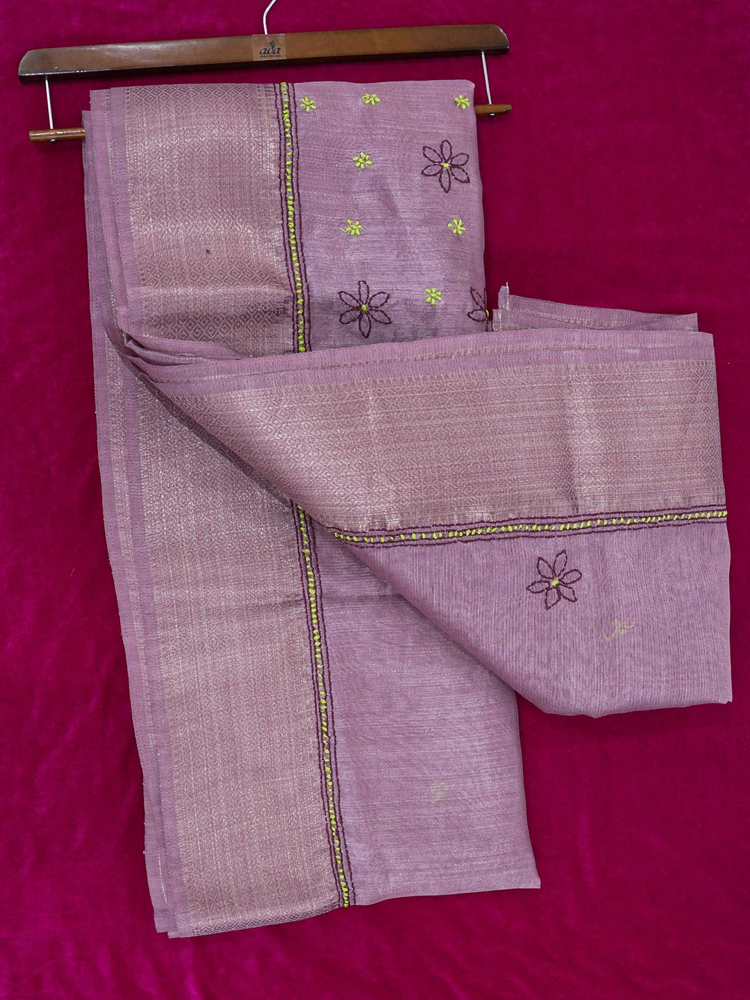 Ada Hand Embroidered Dark Mauve Chanderi Lucknowi Chikankari Saree With Blouse 01A593952