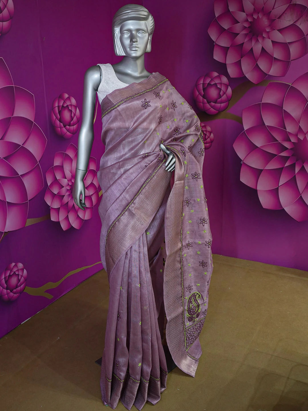 Ada Hand Embroidered Dark Mauve Chanderi Lucknowi Chikankari Saree With Blouse 01A593952