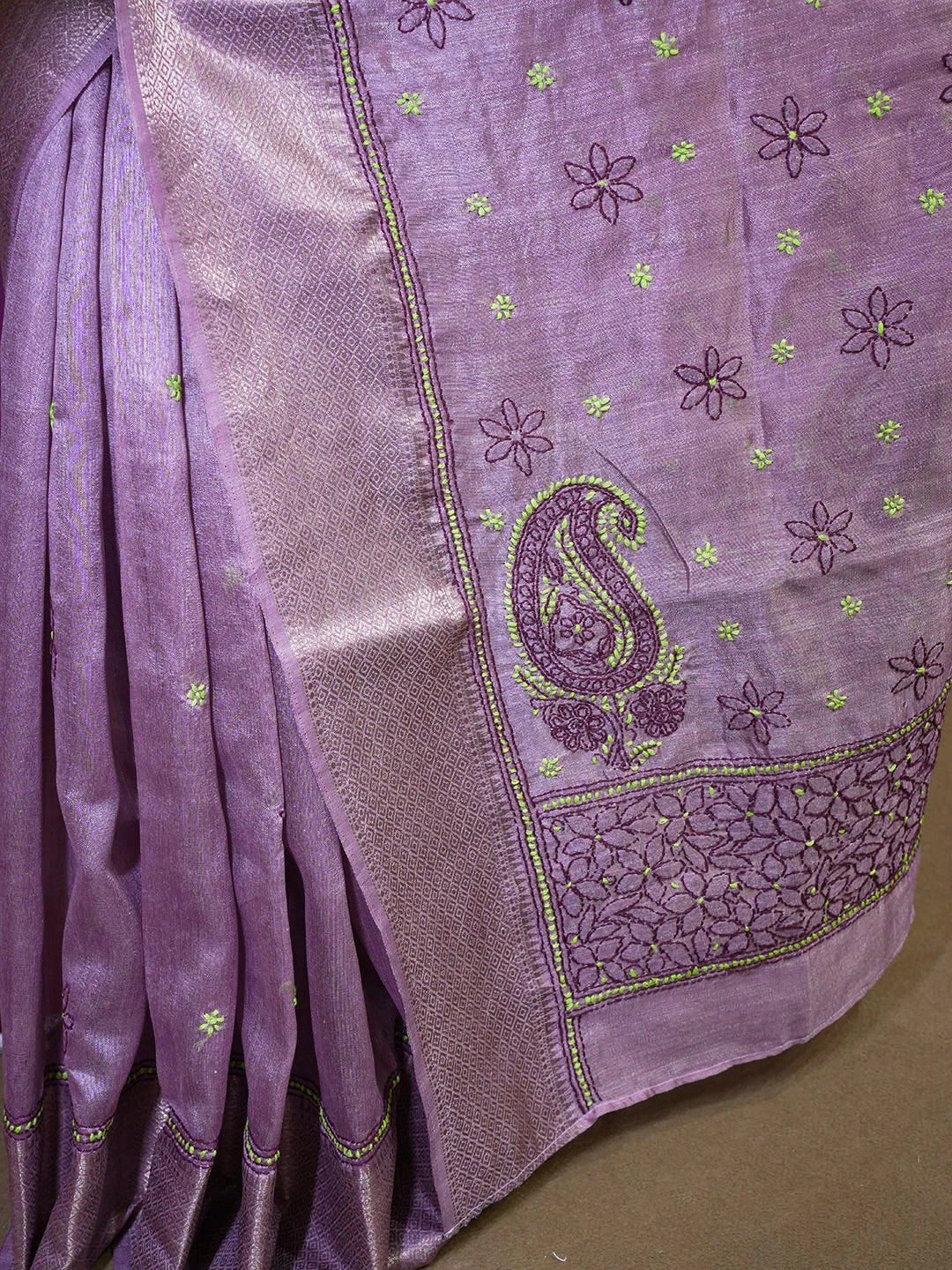 Ada Hand Embroidered Dark Mauve Chanderi Lucknowi Chikankari Saree With Blouse 01A593952