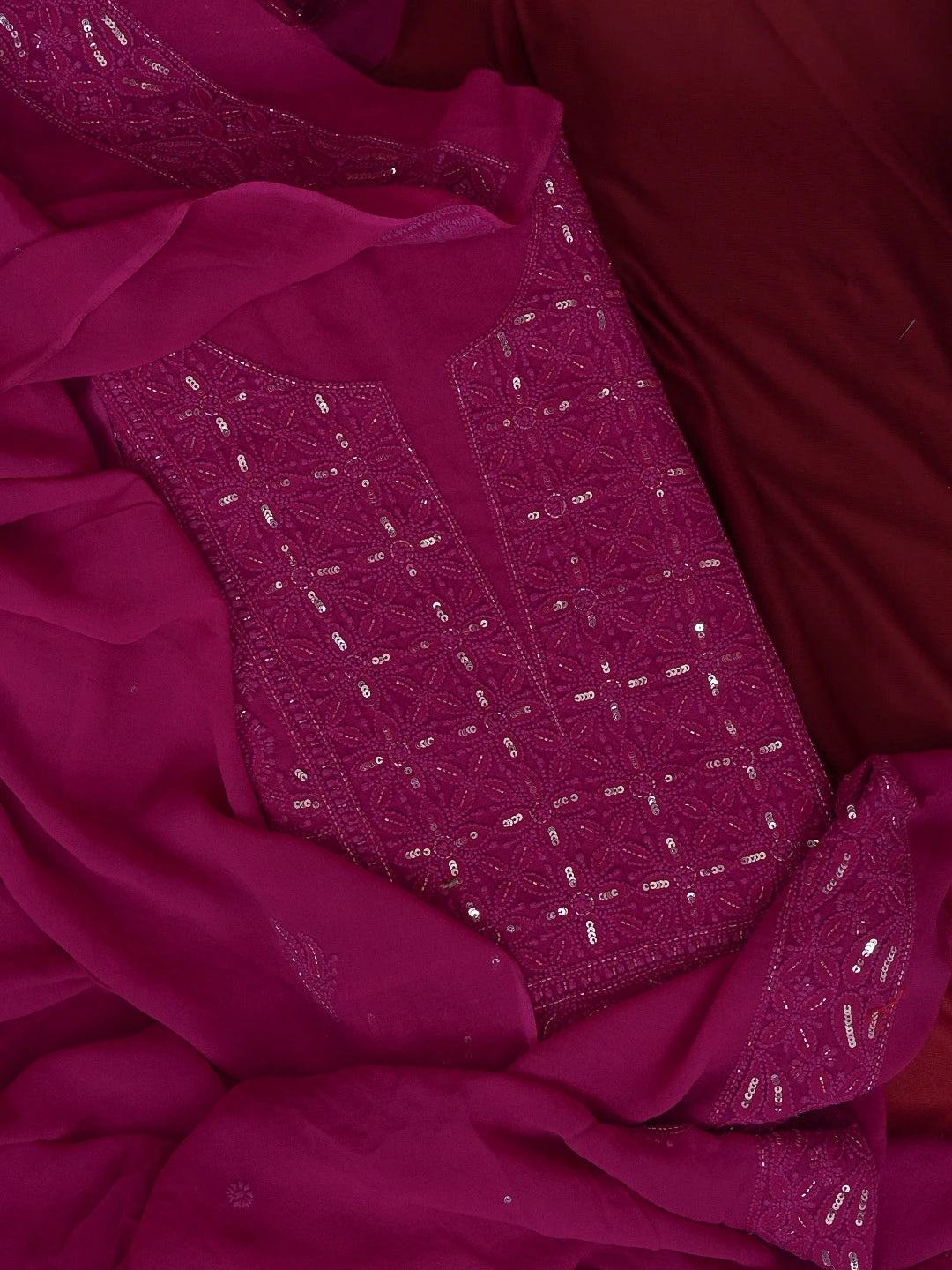Ada Hand Embroidered Magenta Viscose Georgette Lucknowi Chikankari Unstitched Kurta Dupatta Set With Sequinned Work 01A578906