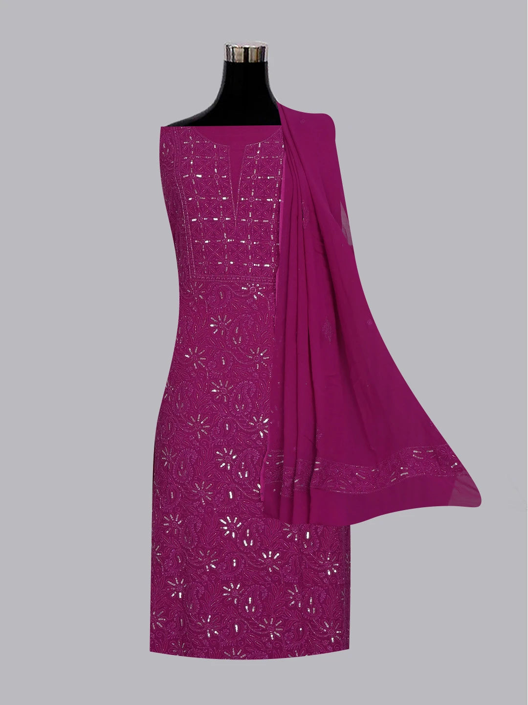 Ada Hand Embroidered Magenta Viscose Georgette Lucknowi Chikankari Unstitched Kurta Dupatta Set With Sequinned Work 01A578906