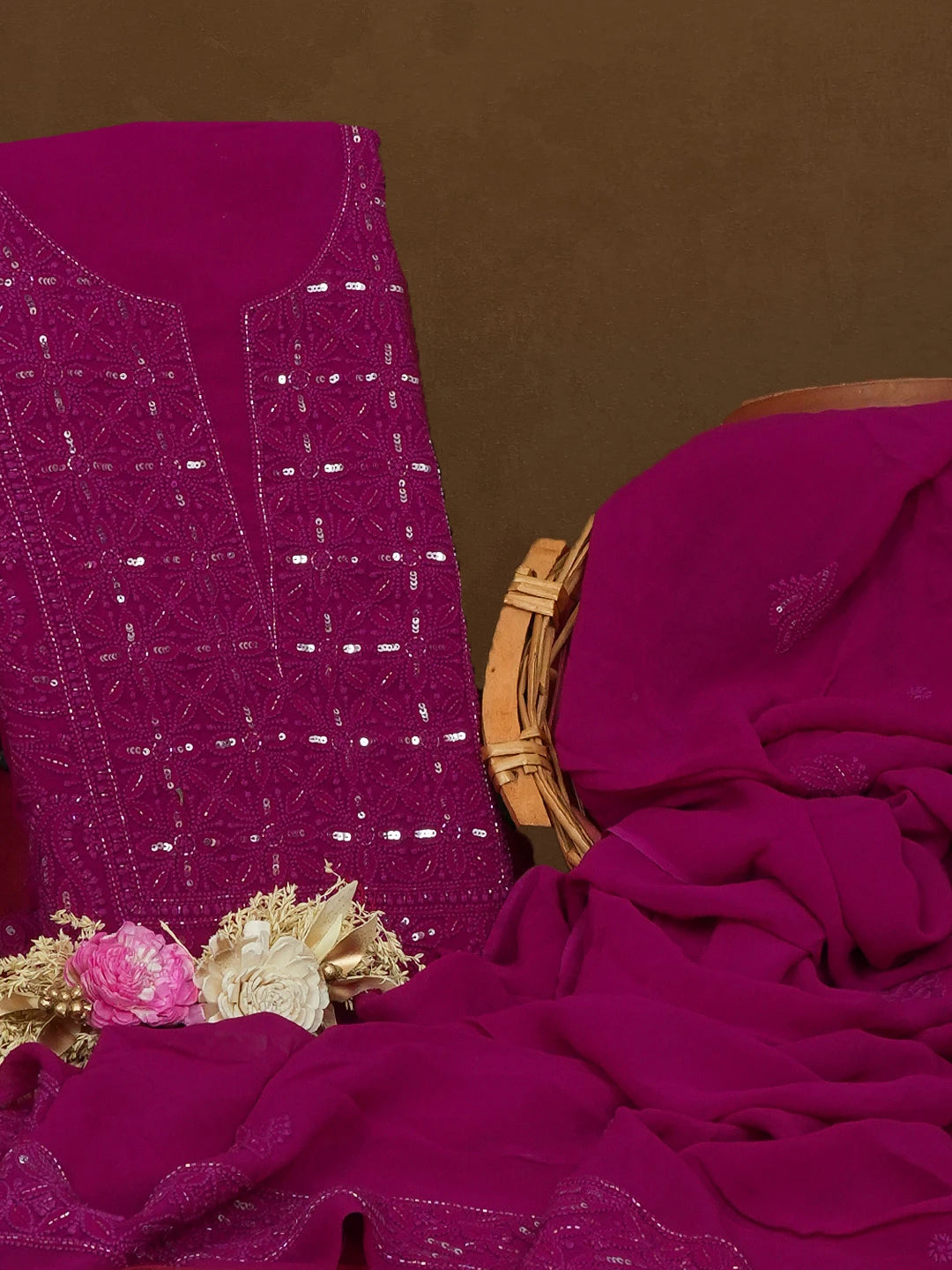 Ada Hand Embroidered Magenta Viscose Georgette Lucknowi Chikankari Unstitched Kurta Dupatta Set With Sequinned Work 01A578906