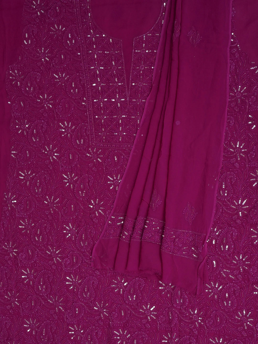 Ada Hand Embroidered Magenta Viscose Georgette Lucknowi Chikankari Unstitched Kurta Dupatta Set With Sequinned Work 01A578906