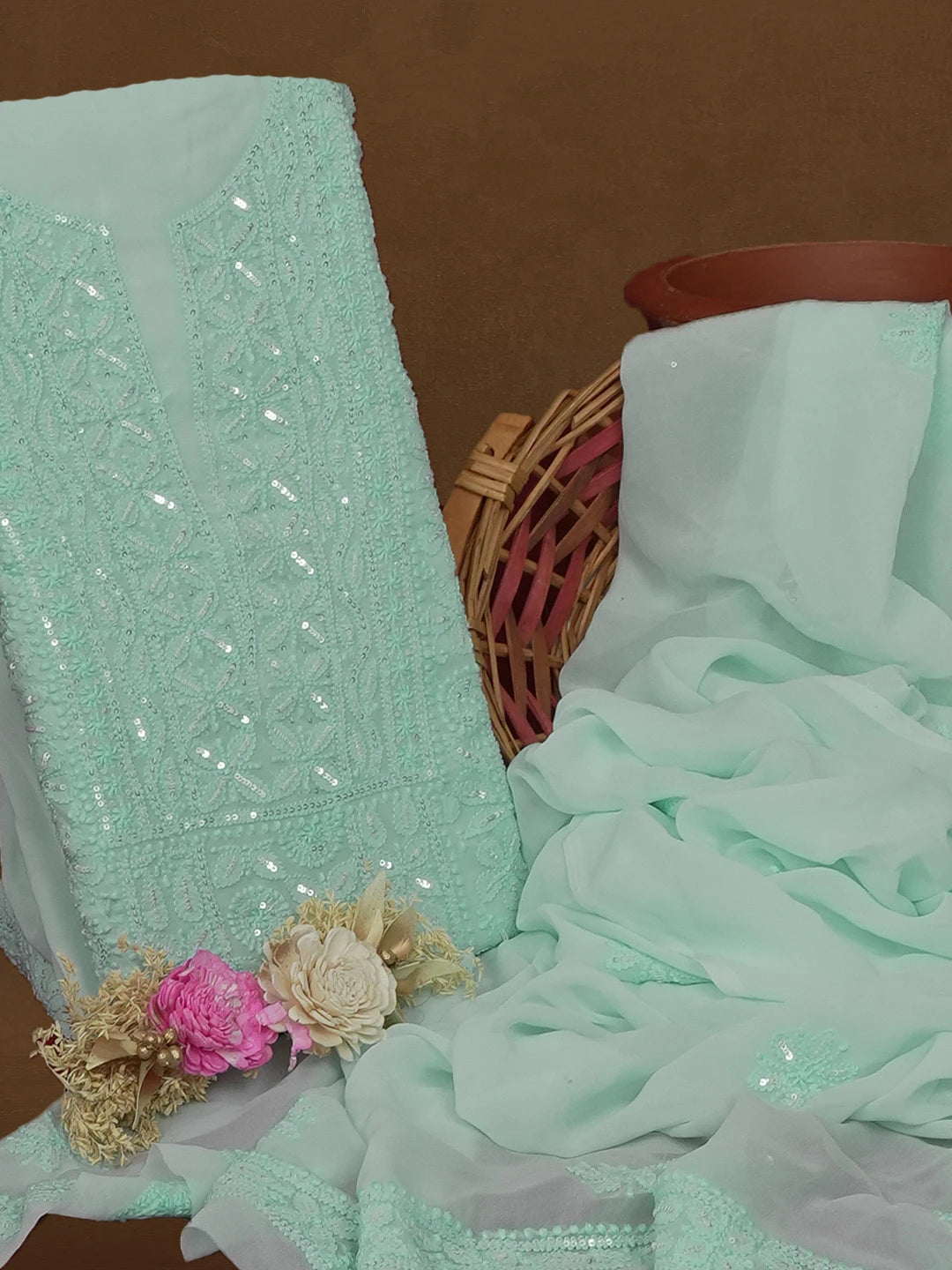 Ada Hand Embroidered Sea Green Viscose Georgette Lucknowi Chikankari Unstitched Kurta Dupatta Set With Sequinned Work 01A578903