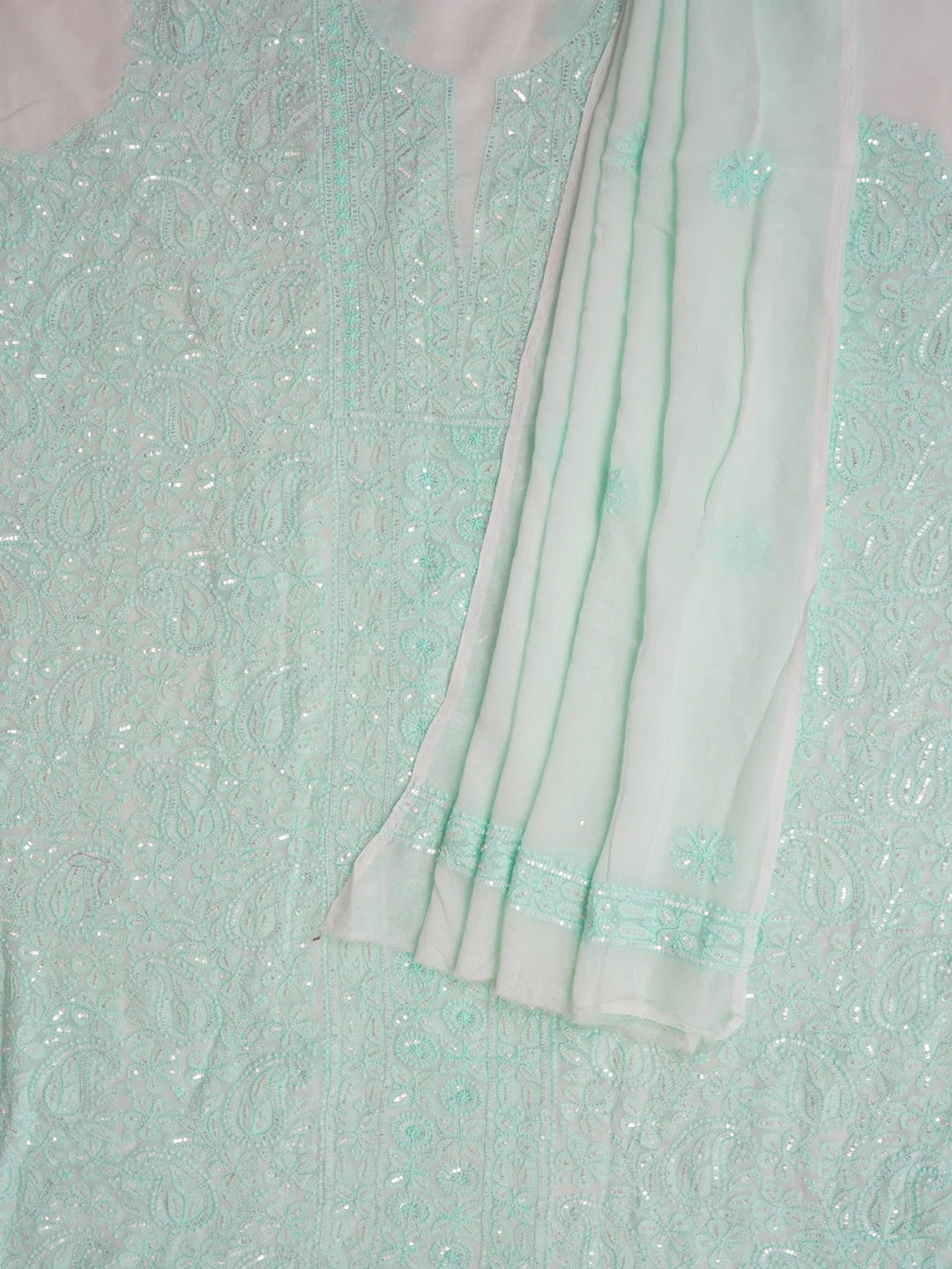 Ada Hand Embroidered Sea Green Viscose Georgette Lucknowi Chikankari Unstitched Kurta Dupatta Set With Sequinned Work 01A578903