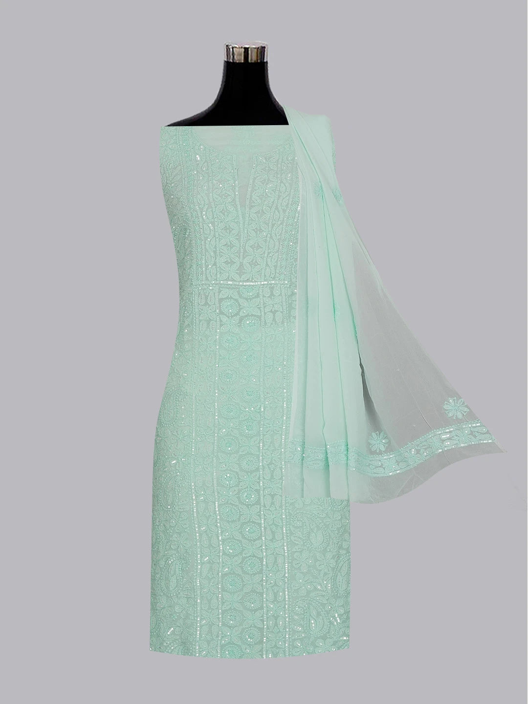 Ada Hand Embroidered Sea Green Viscose Georgette Lucknowi Chikankari Unstitched Kurta Dupatta Set With Sequinned Work 01A578903
