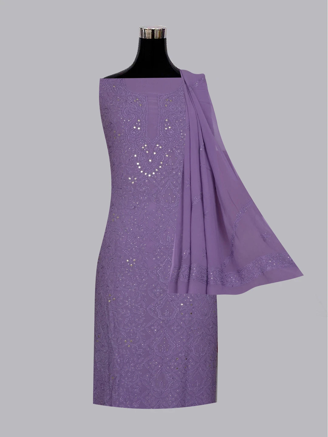 Ada Hand Embroidered Lavender Viscose Georgette Lucknowi Chikankari Unstitched Kurta Dupatta Set With Muqaish Work 01A578892