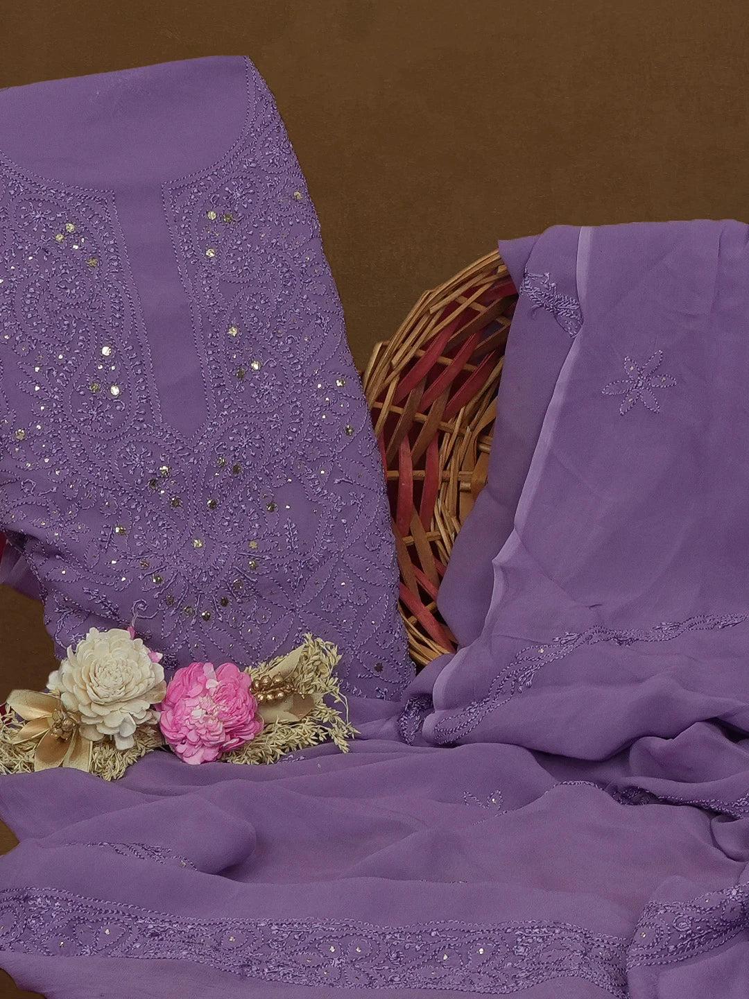 Ada Hand Embroidered Lavender Viscose Georgette Lucknowi Chikankari Unstitched Kurta Dupatta Set With Muqaish Work 01A578892
