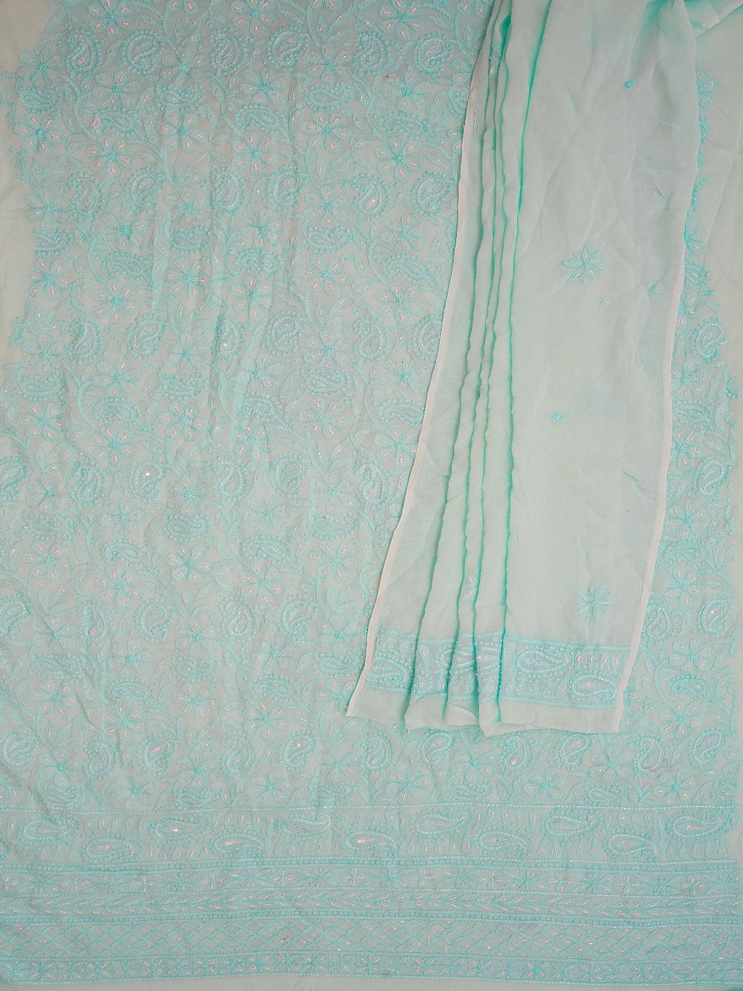 Ada Hand Embroidered Blue Viscose Georgette Lucknowi Chikankari Unstitched Kurta Dupatta Set With Pearl and Cutdana Work 01A578867