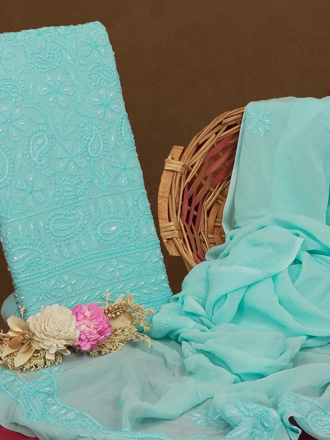 Ada Hand Embroidered Blue Viscose Georgette Lucknowi Chikankari Unstitched Kurta Dupatta Set With Pearl and Cutdana Work 01A578867