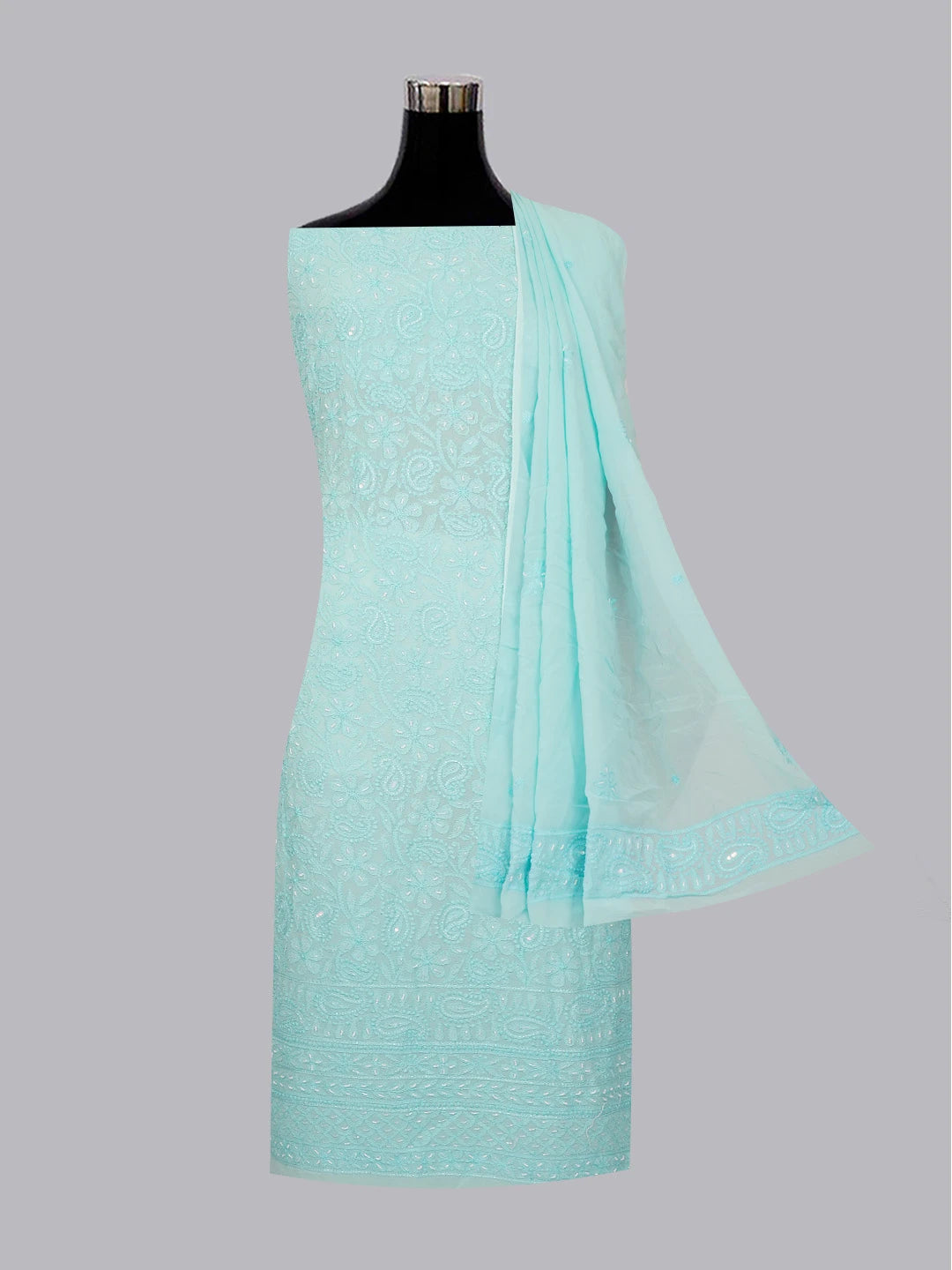 Ada Hand Embroidered Blue Viscose Georgette Lucknowi Chikankari Unstitched Kurta Dupatta Set With Pearl and Cutdana Work 01A578867