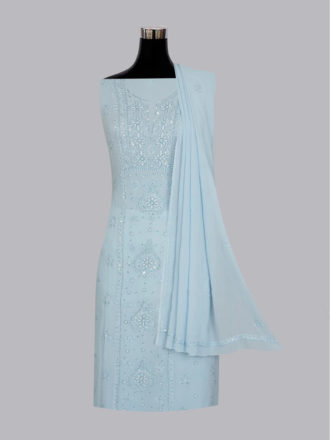 Ada Hand Embroidered Light Sky Blue Viscose Georgette Lucknowi Chikankari Unstitched Kurta Dupatta Set With Sequinned Work 01A539536