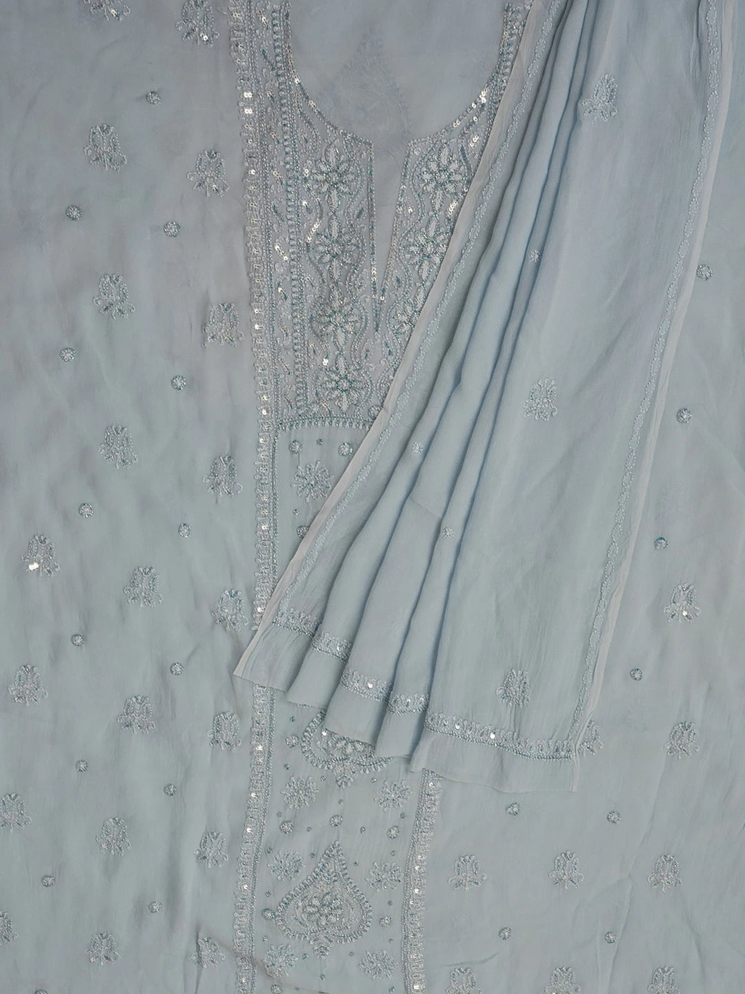 Ada Hand Embroidered Light Sky Blue Viscose Georgette Lucknowi Chikankari Unstitched Kurta Dupatta Set With Sequinned Work 01A539536